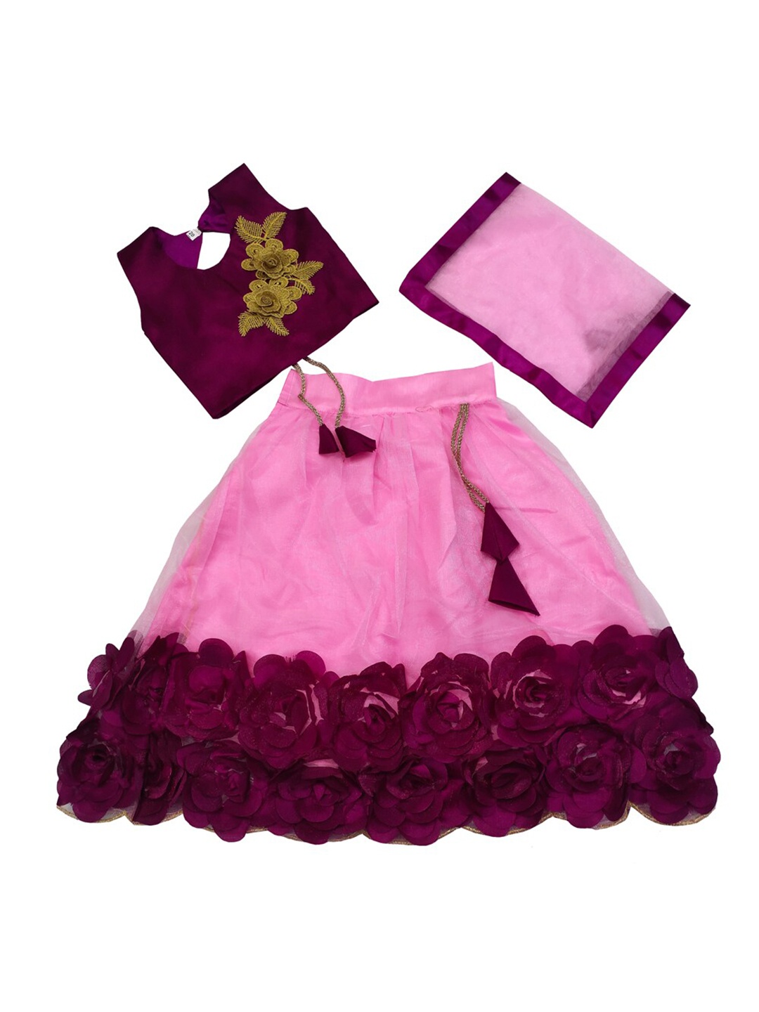 

BAESD Girls Embroidered Patchwork Ready to Wear Lehenga & Blouse With Dupatta, Pink