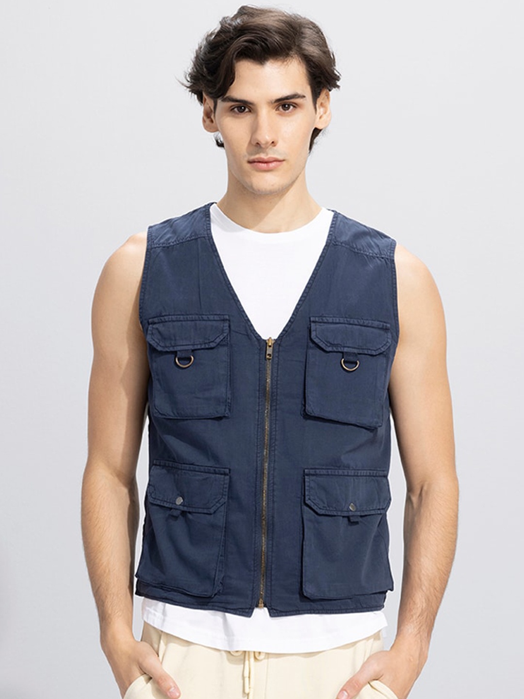 

Snitch Navy Blue Lightweight Denim Open Front Gilet Jacket