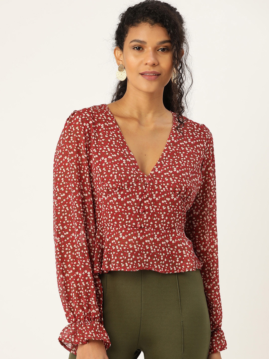 

ANVI Be Yourself Maroon Floral Printed Bell Sleeves Georgette Peplum Top