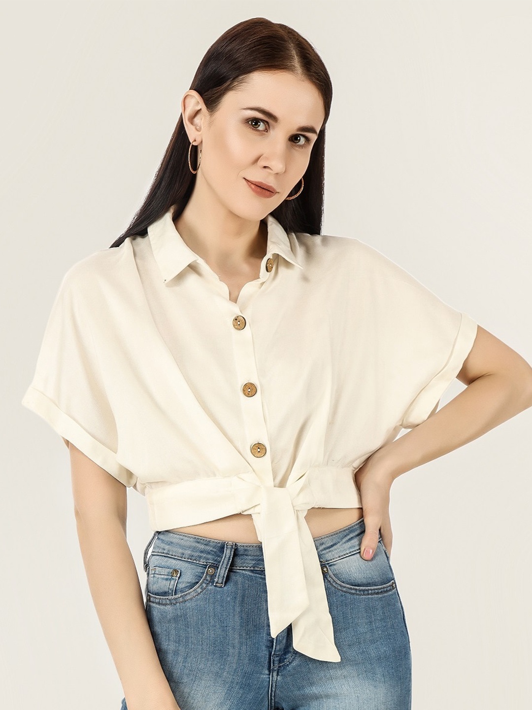 

ANVI Be Yourself Boxy Opaque Tie Ups Casual Shirt, White