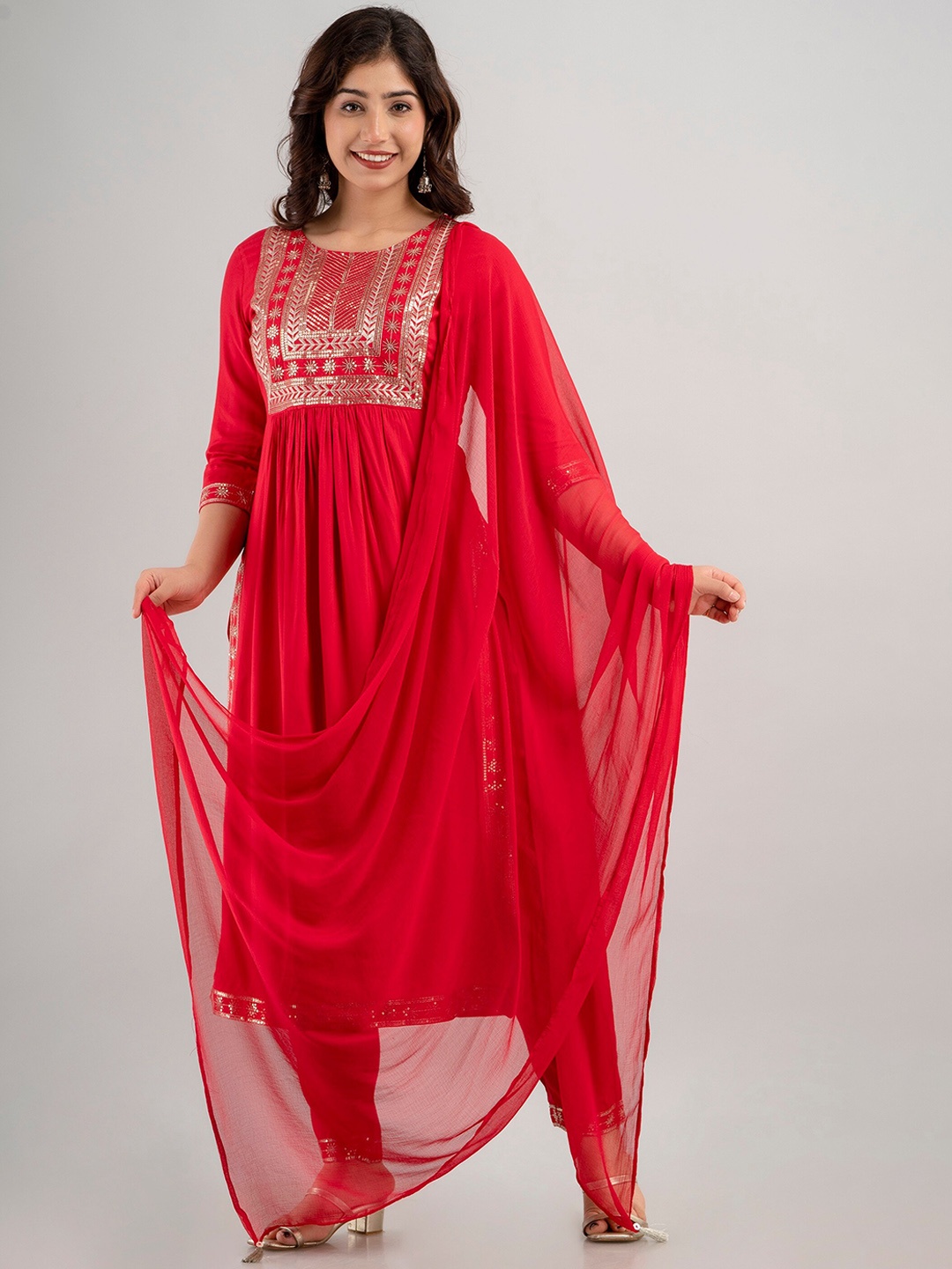 

Charu Women Yoke Designed High Slit Kurta with Trousers & Dupatta, Red