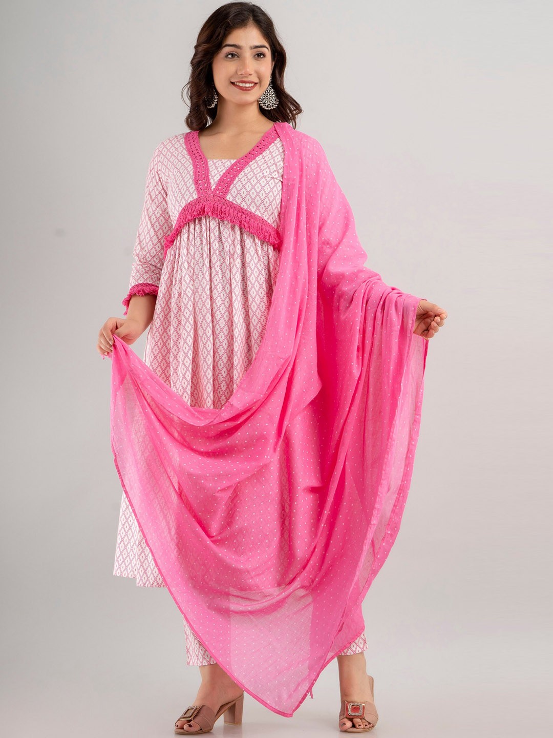

Charu Geometric Printed Lace Work Anarkali Kurta with Trousers & Dupatta, Pink