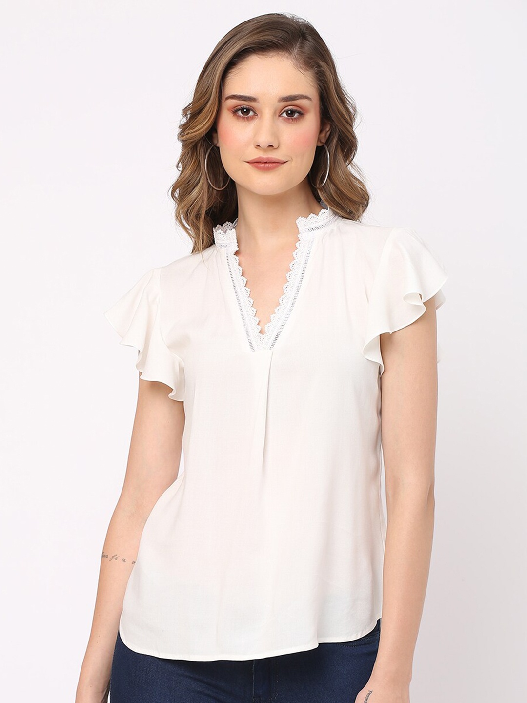 

MISH White Mandarin Collar Lace Detail Flutter Sleeve Ruffles Top