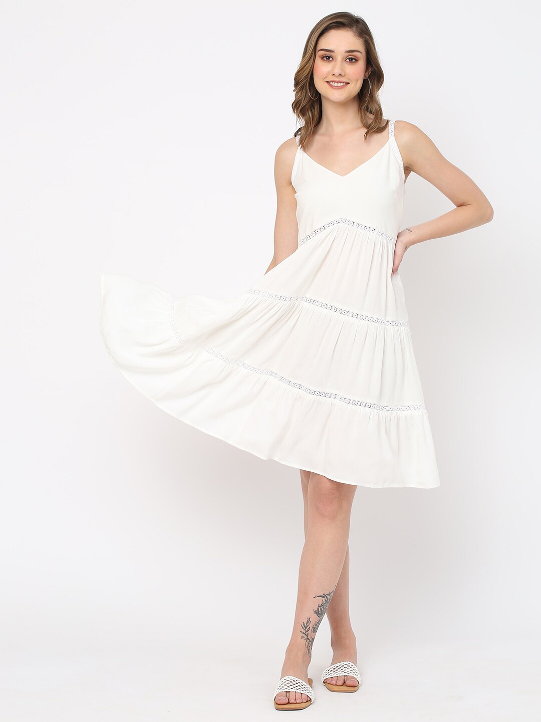 

MISH White Shoulder Straps Tiered Fit & Flare Dress