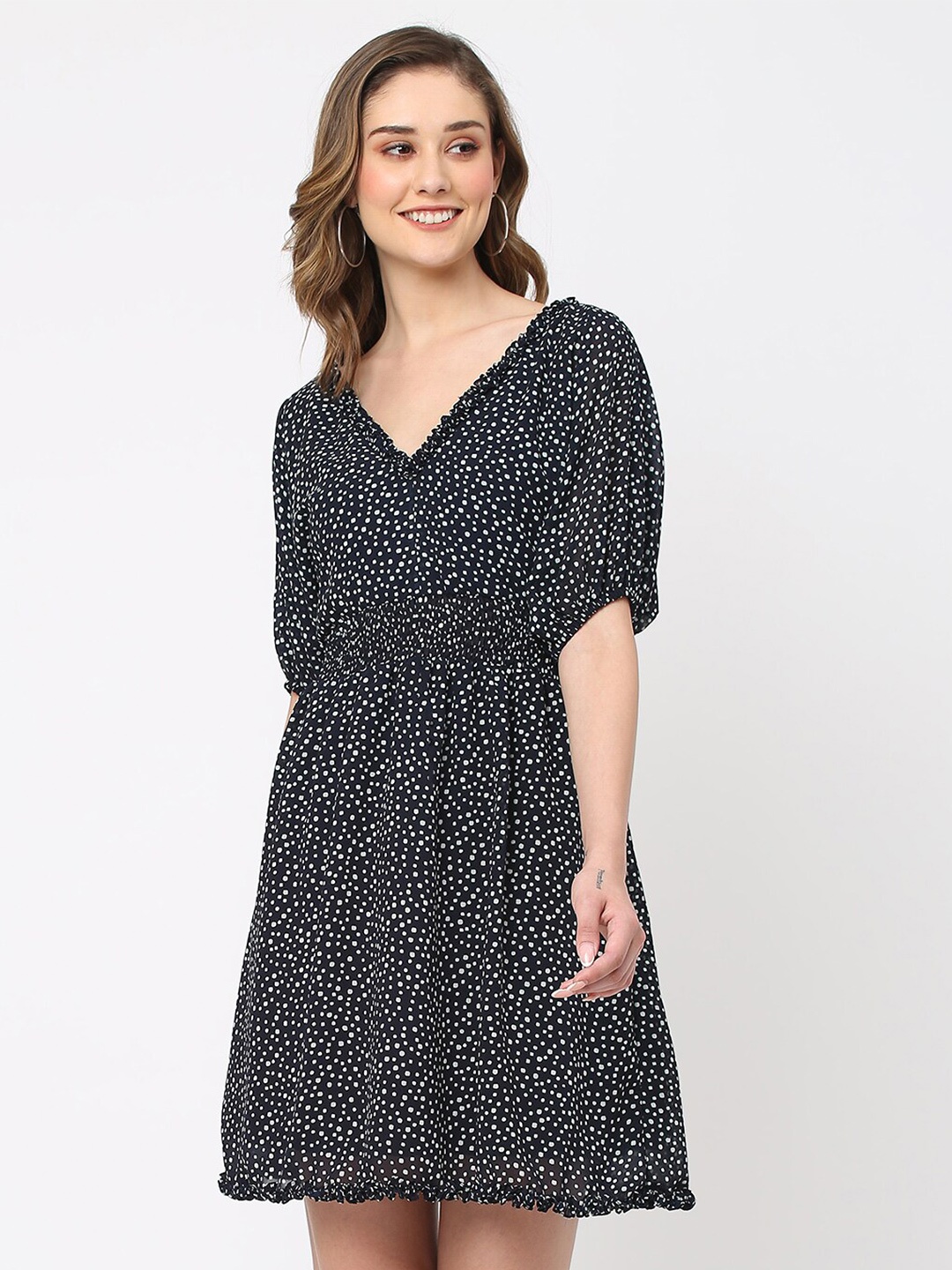 

MISH Navy Blue And White Polka Dots Puff Sleeves Smocked Fit & Flare Dress