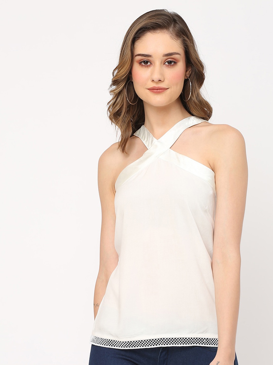 

MISH White Halter Neck Cut-Out Hem Georgette Top