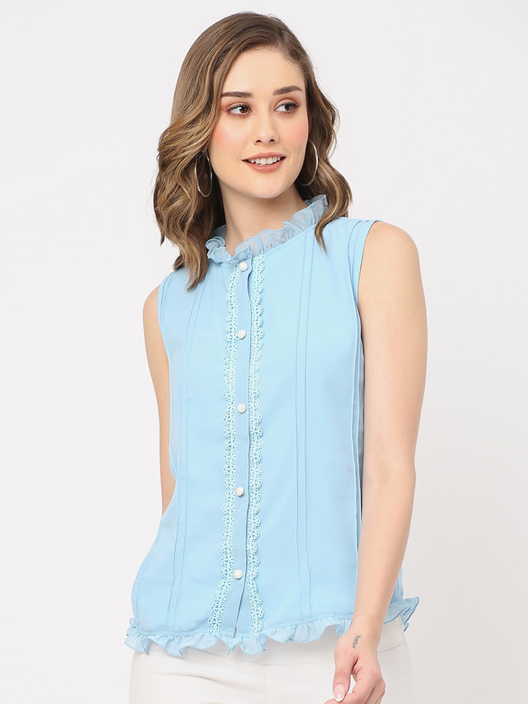 

MISH Blue Mandarin Collar Ruffled Hem Georgette Shirt Style Top