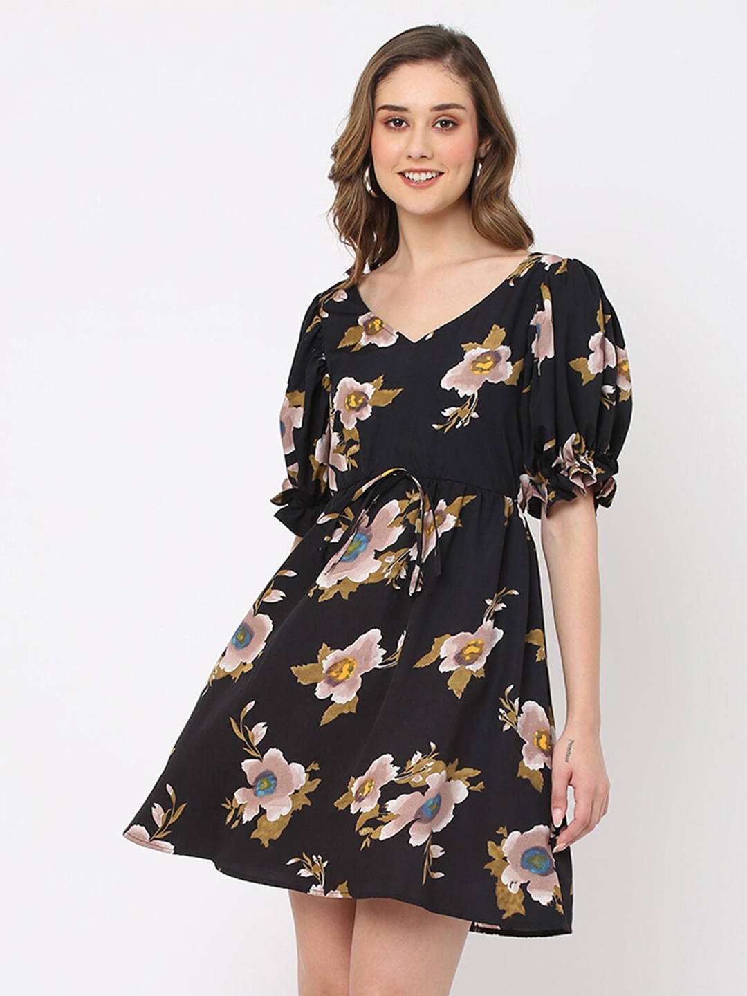 

MISH Black And Brown Floral Printed V-Neck Puff Sleeves Fit & Flare Dress