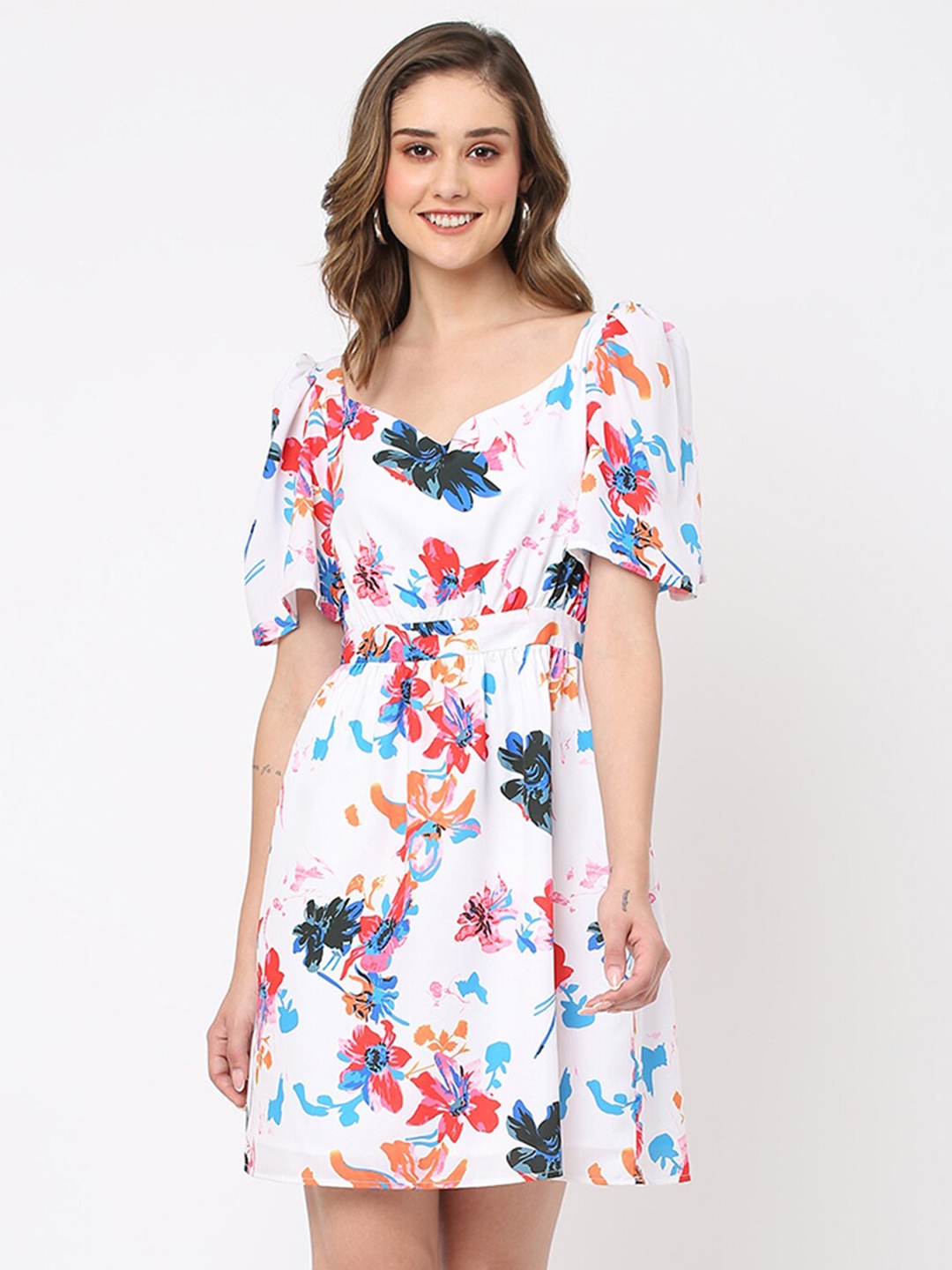 

MISH White And Blue Floral Printed Sweetheart Neck Fit & Flare Dress