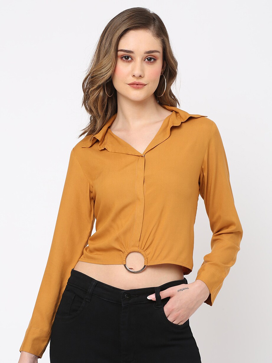 

MISH Camel Brown Cut-Out Shirt Style Crop Top