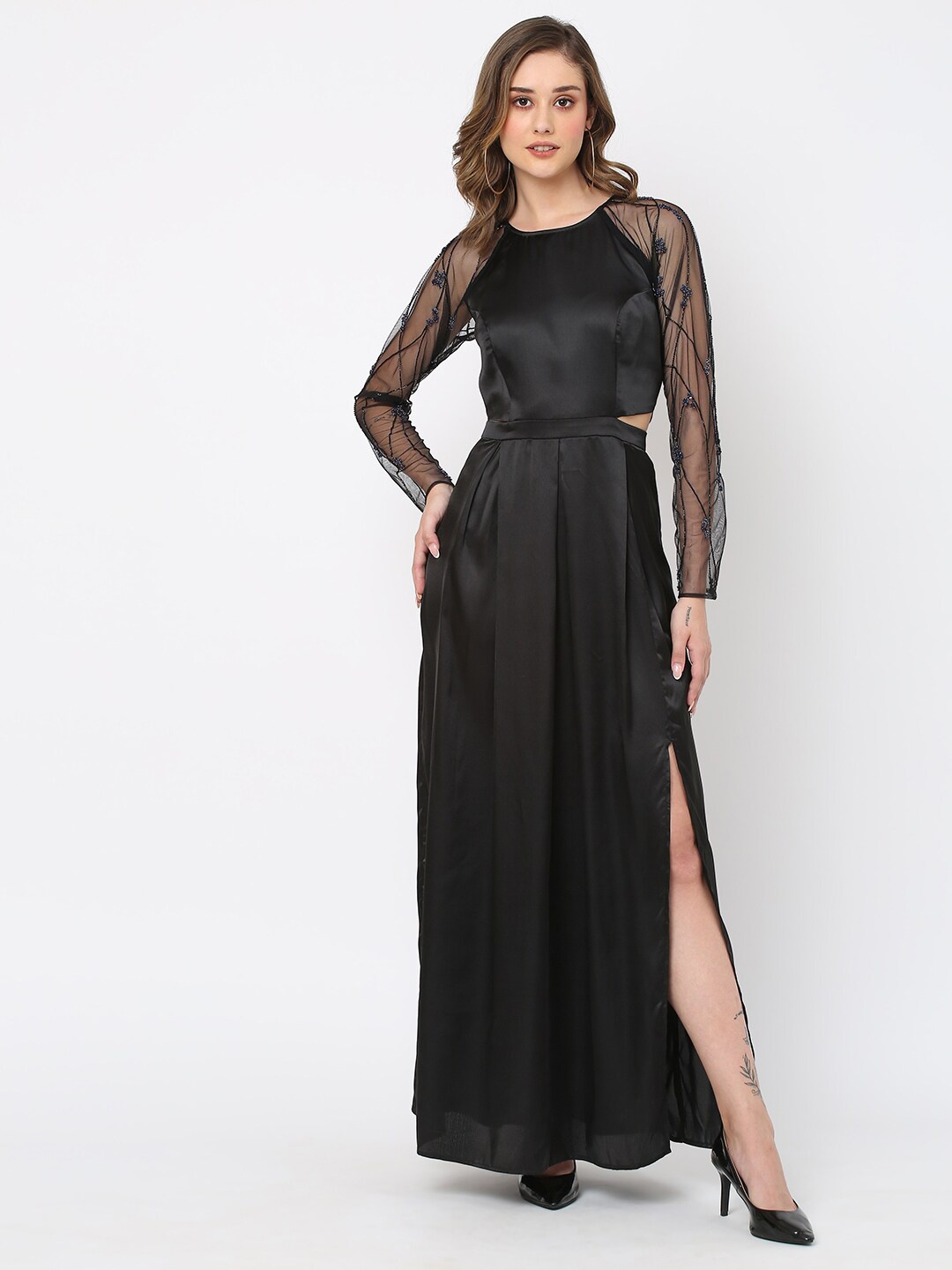 

MISH Black Embellished Round Neck Cut-Outs Fit & Flare Maxi Dress