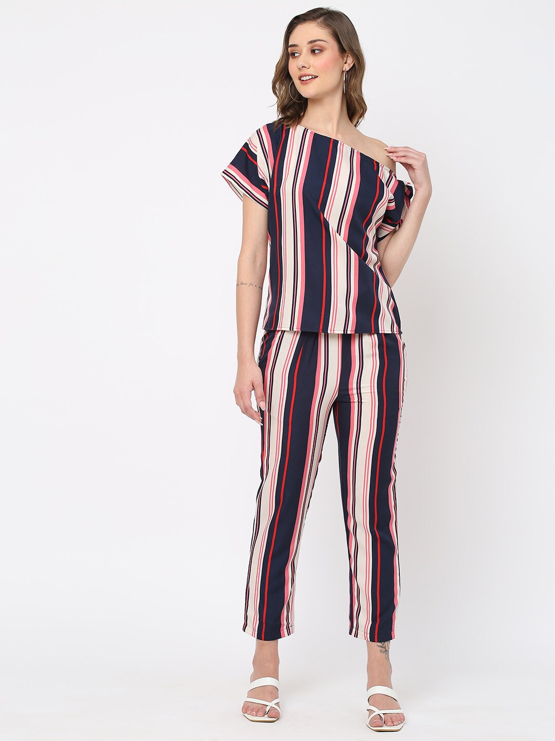 

MISH Cream-Color & Pink One-Shoulder Striped Top With Trousers