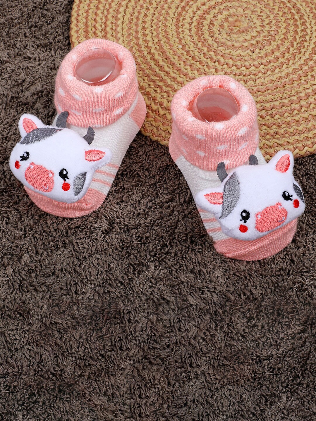 

Baby Moo Infants Applique Embellished Soft And Comfortable Anti-Slip Cotton Socks Booties, Peach