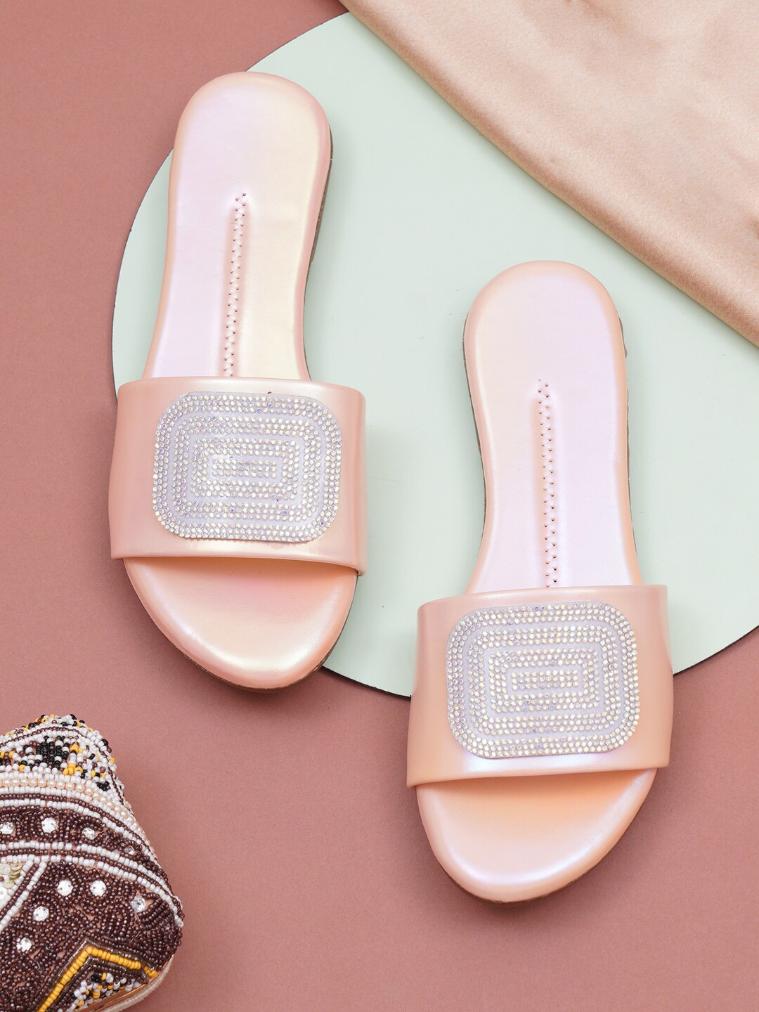 

HASTEN Embellished Open Toe Flats, Peach