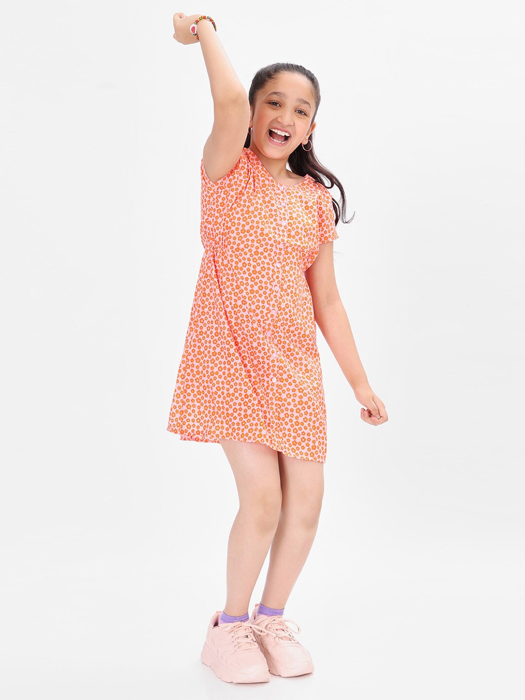 

BONKIDS Girls Floral Printed Cotton A Line Dress, Pink