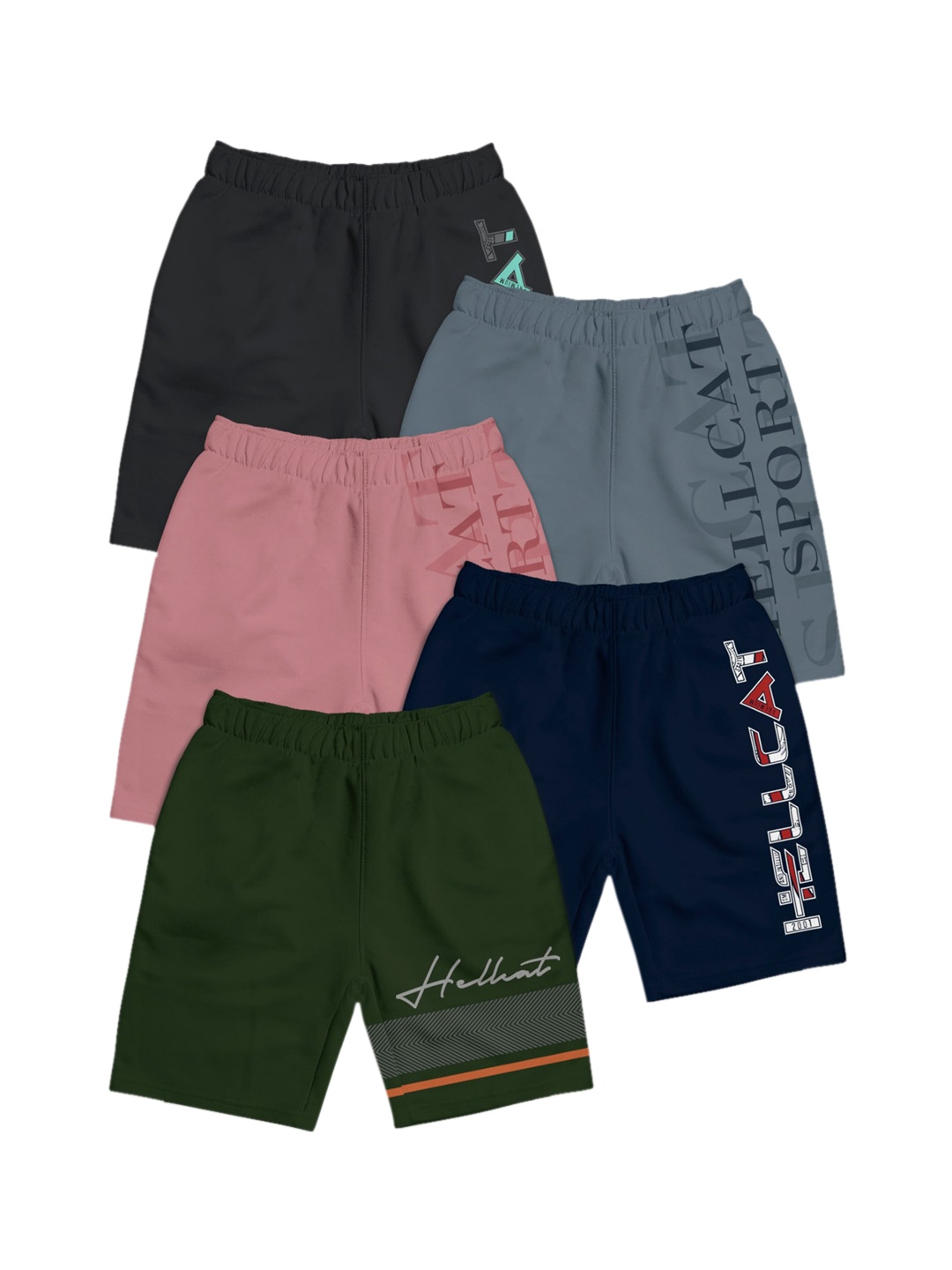 

HELLCAT Girls Pack Of 5 Typography Printed Cotton Shorts, Grey