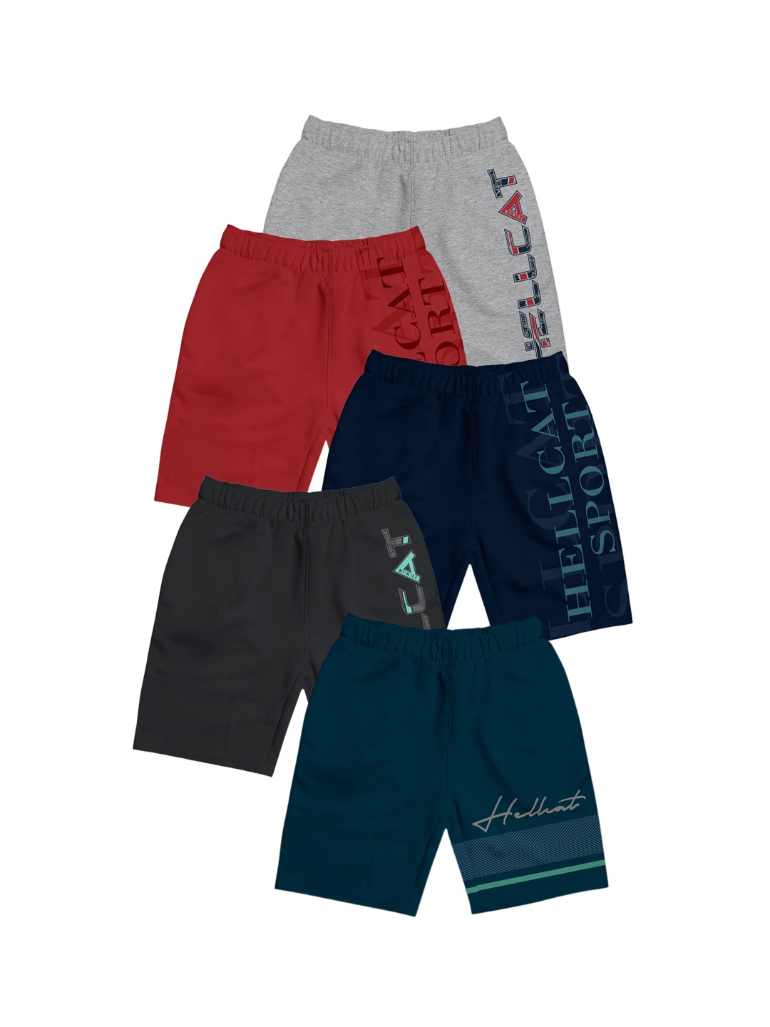 HELLCAT Girls Pack Of 5 Typography Printed Cotton Shorts, Navy blue