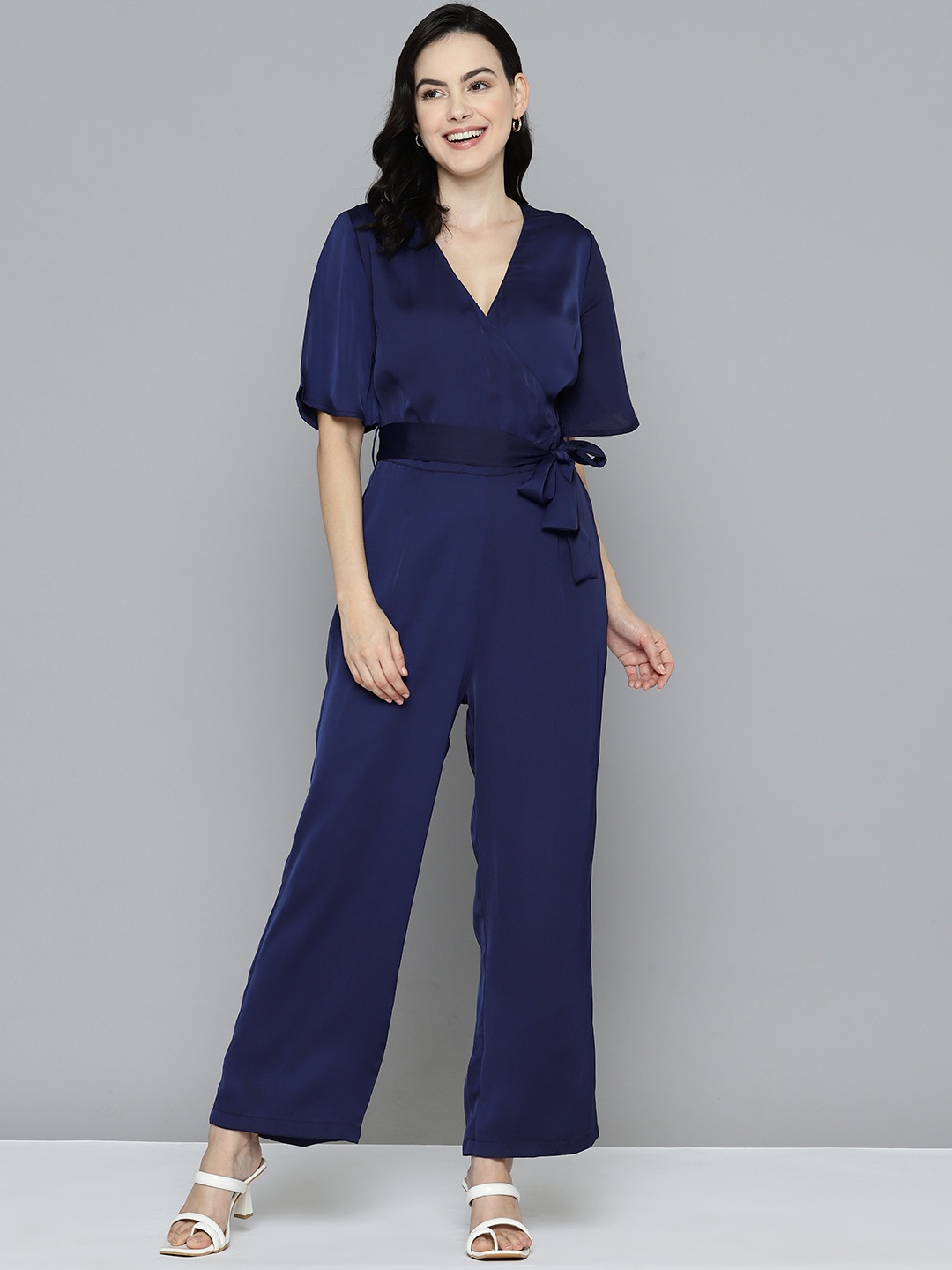 

Mast & Harbour Wrap Jumpsuit with Waist Tie-Ups, Navy blue