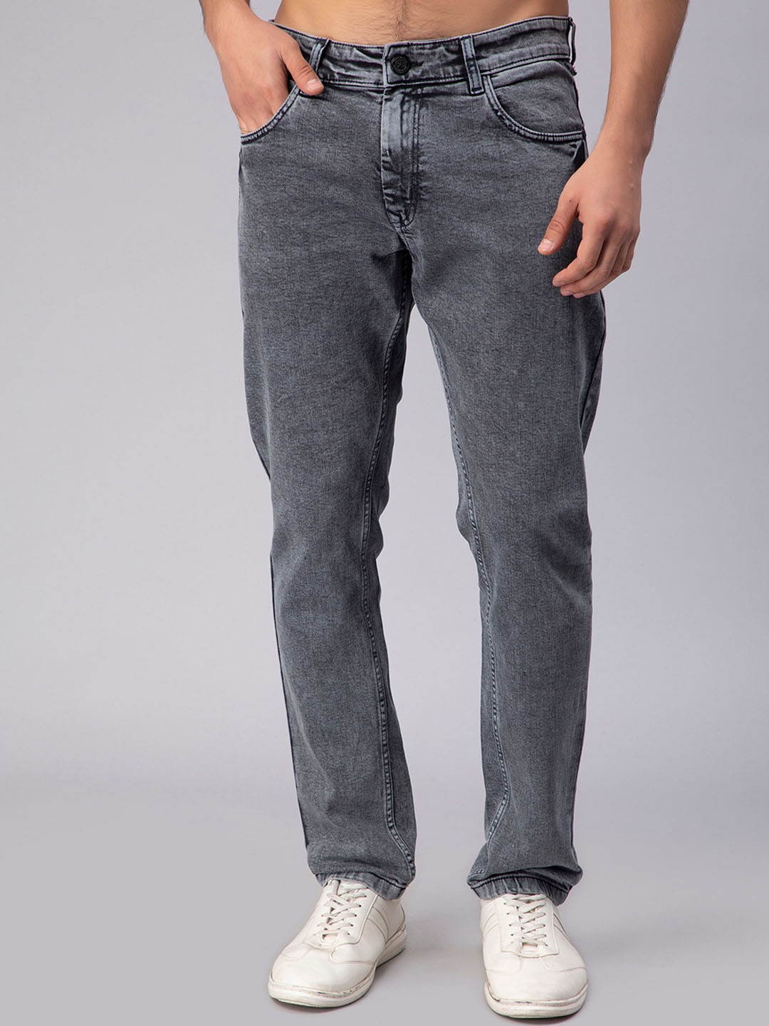 

PEPLOS Men Mid-Rise Light Fade Ankle Length Silm Fit Clean Look Cotton Jeans, Grey
