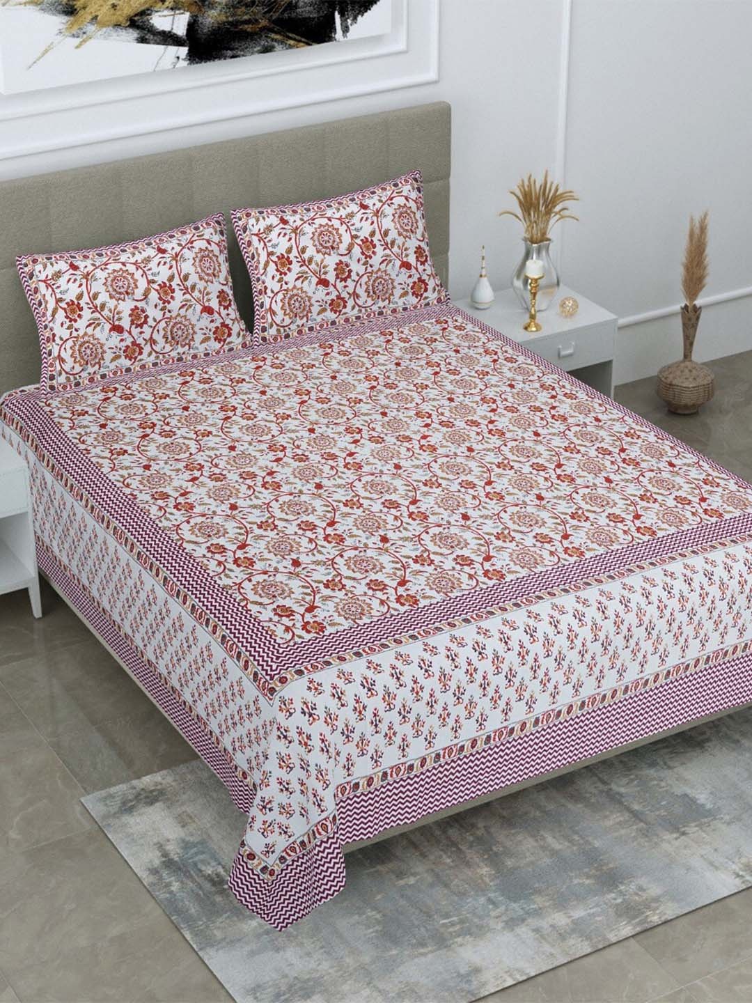 

Salona Bichona Red & White Floral 120 TC Pure Cotton King Bedsheet & 2 Pillow Covers
