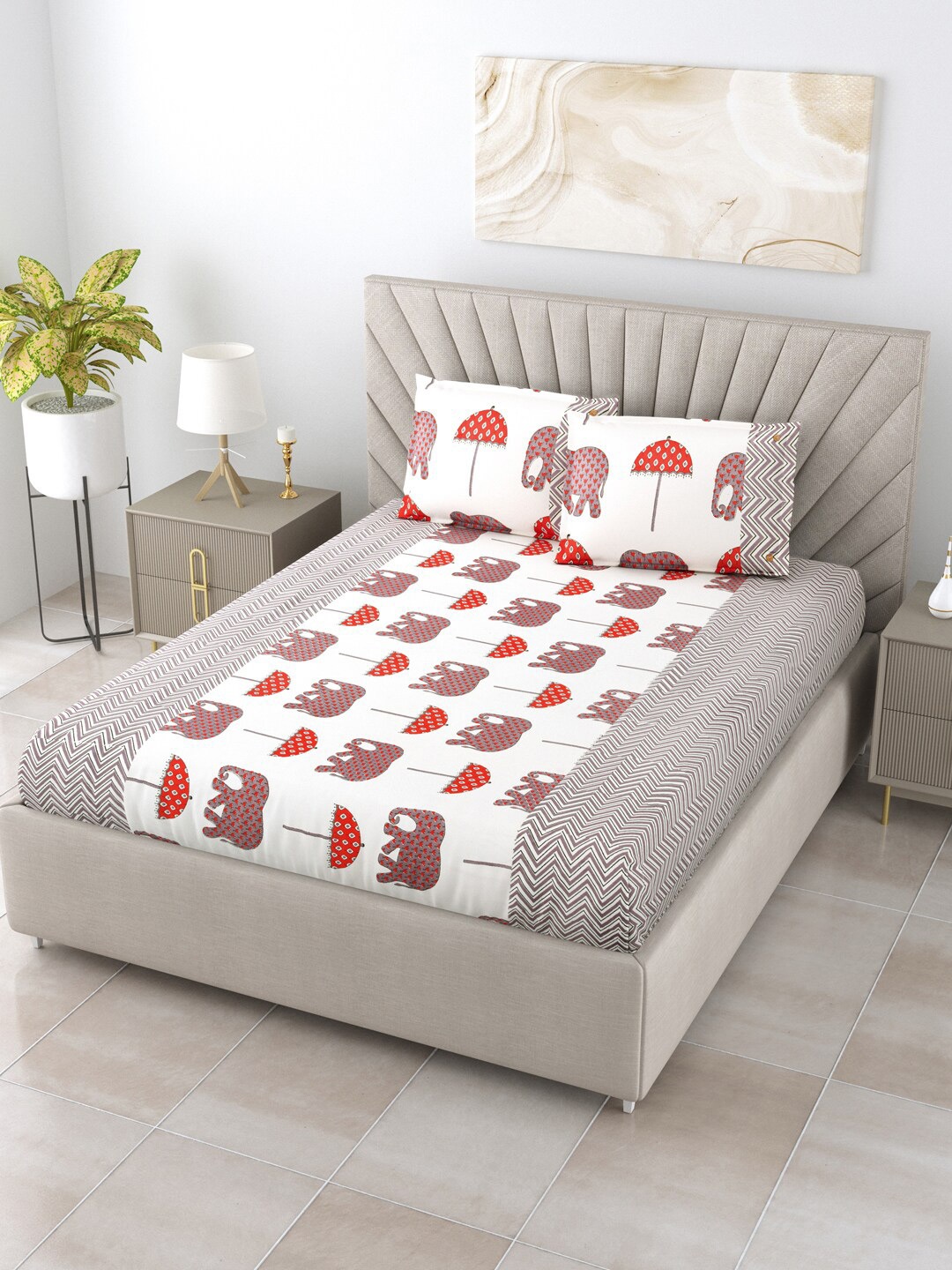 

Salona Bichona White & Grey Ethnic Motifs 120 TC Cotton Queen Bedsheet & 2 Pillow Covers