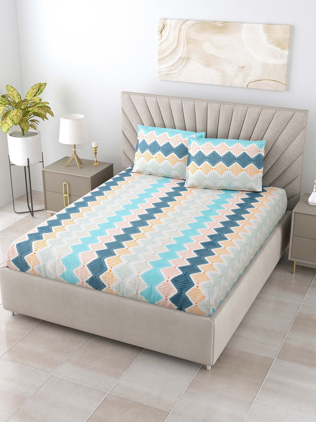 

Salona Bichona Turquoise Blue & White Striped 144 TC King Bedsheet With 2 Pillow Covers