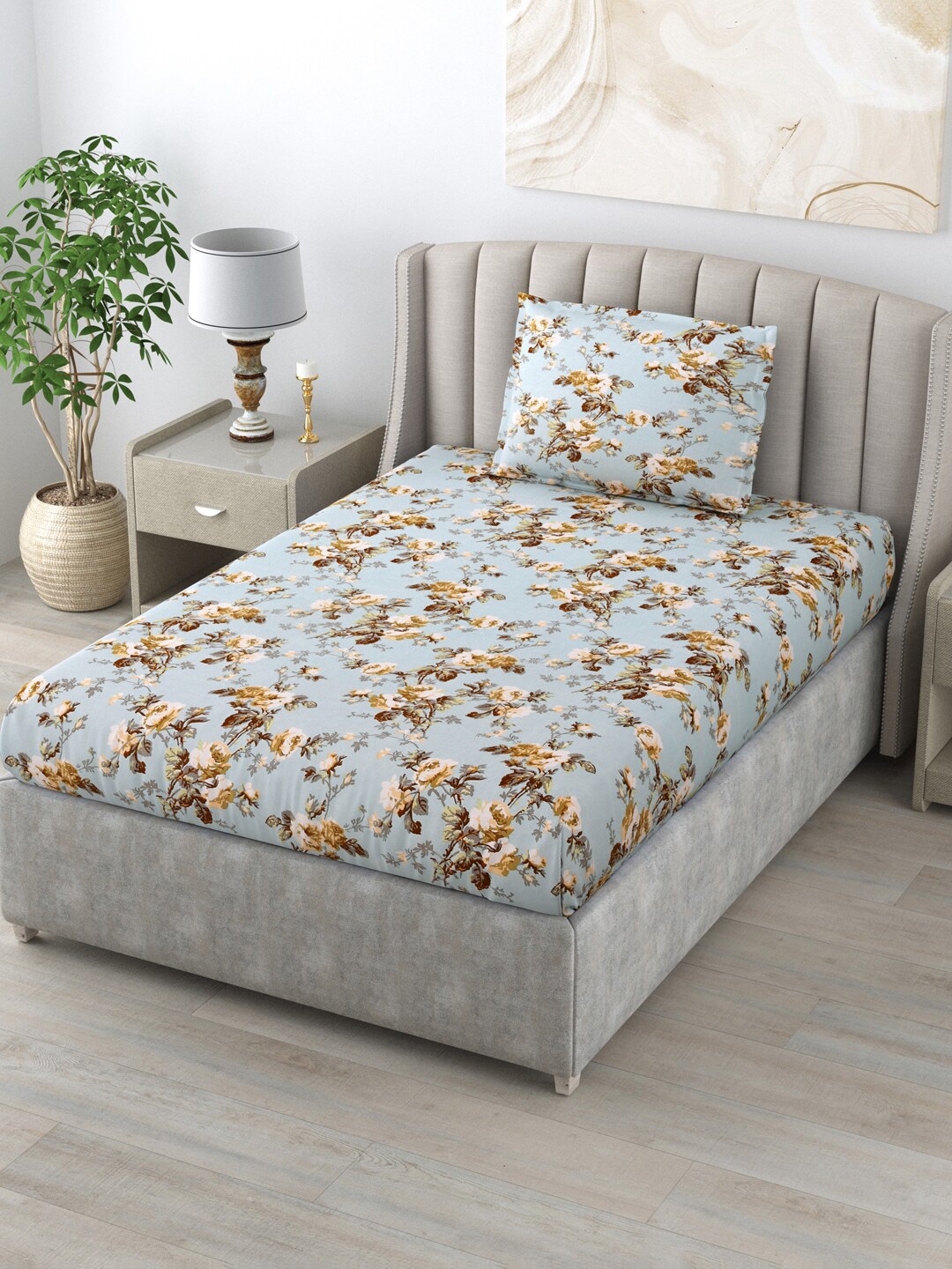 

Salona Bichona Turquoise Blue & Brown Floral 144 TC Single Bedsheet & Pillow Cover