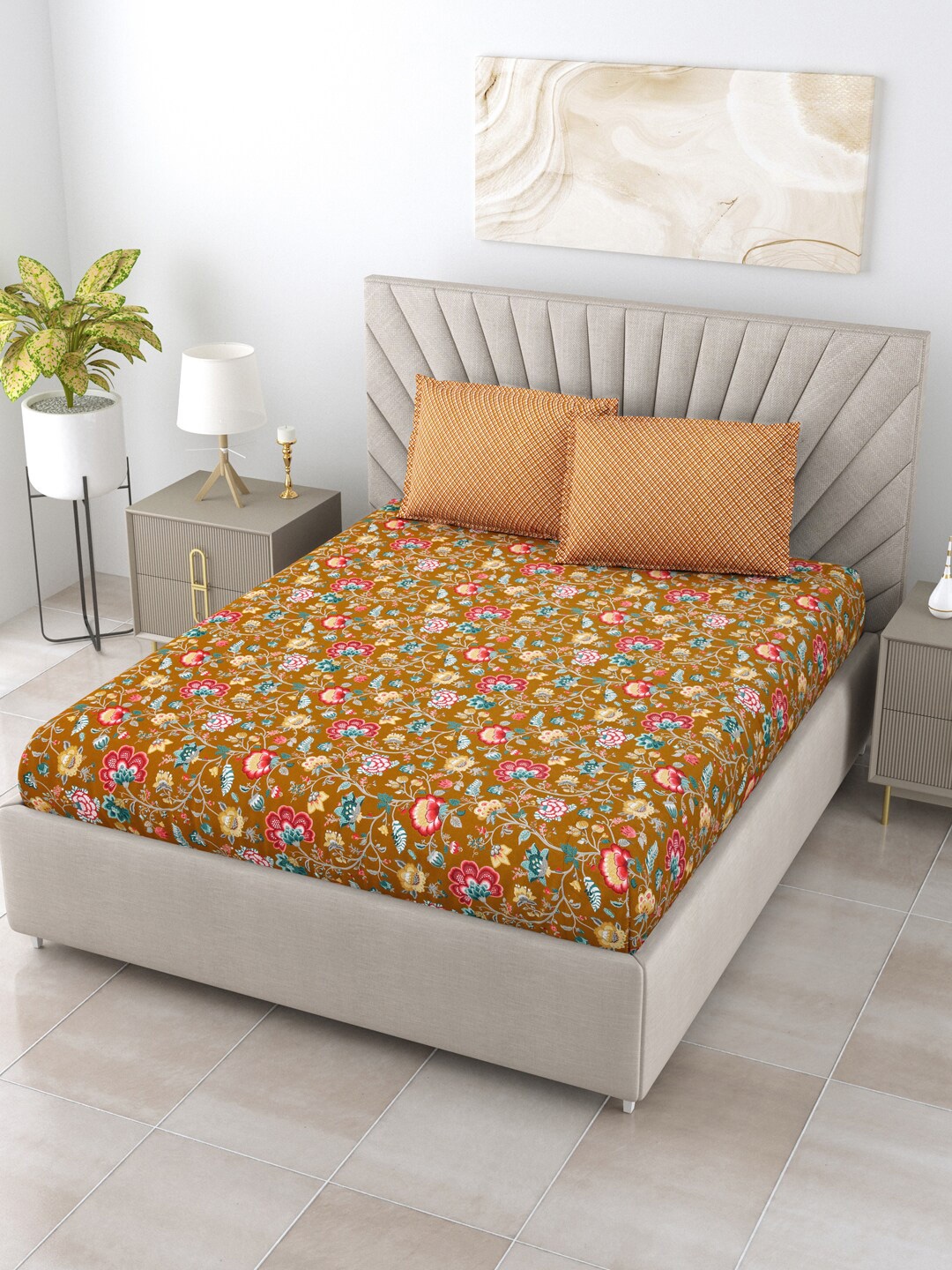 

Salona Bichona Beige & Blue Floral 120 TC Cotton Queen Bedsheet With 2 Pillow Covers