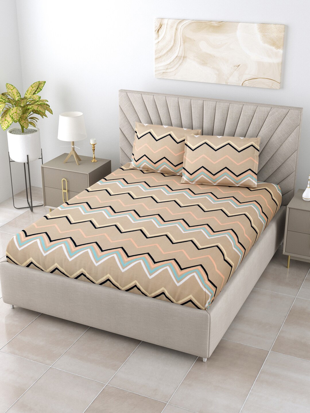 

Salona Bichona Beige & Yellow Striped 144 TC Queen Bedsheet & 2 Pillow Covers