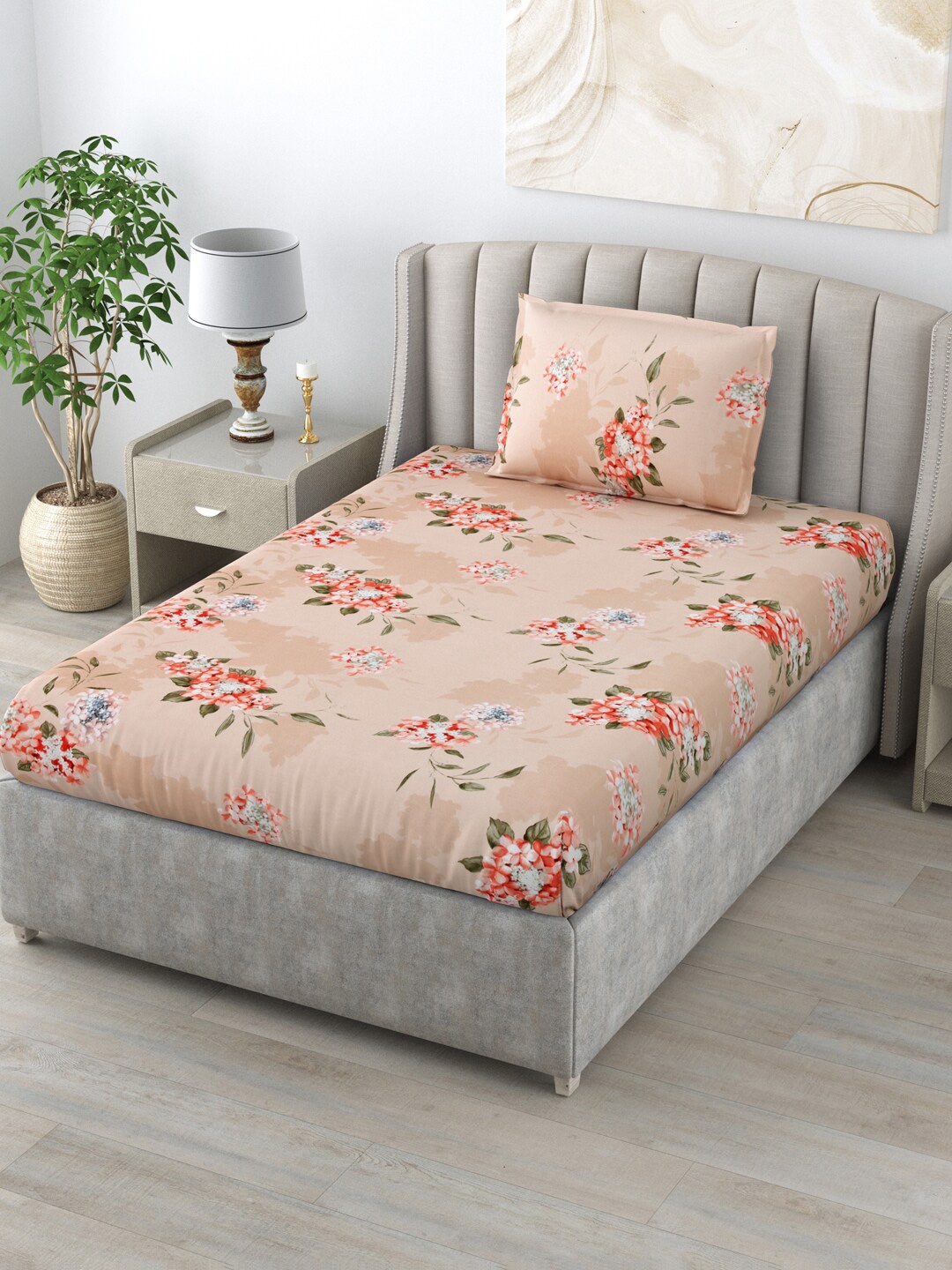 

Salona Bichona Peach-Coloured & Green Floral 144 TC Single Bedsheet With 1 Pillow Cover