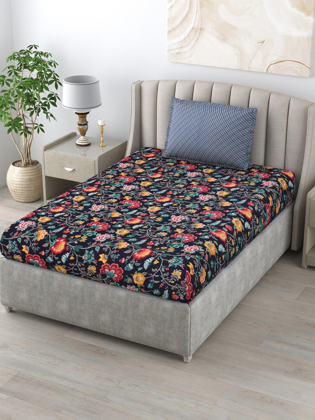 

Salona Bichona Navy Blue & Red Floral 120 TC Cotton Single Bedsheet With 1 Pillow Cover