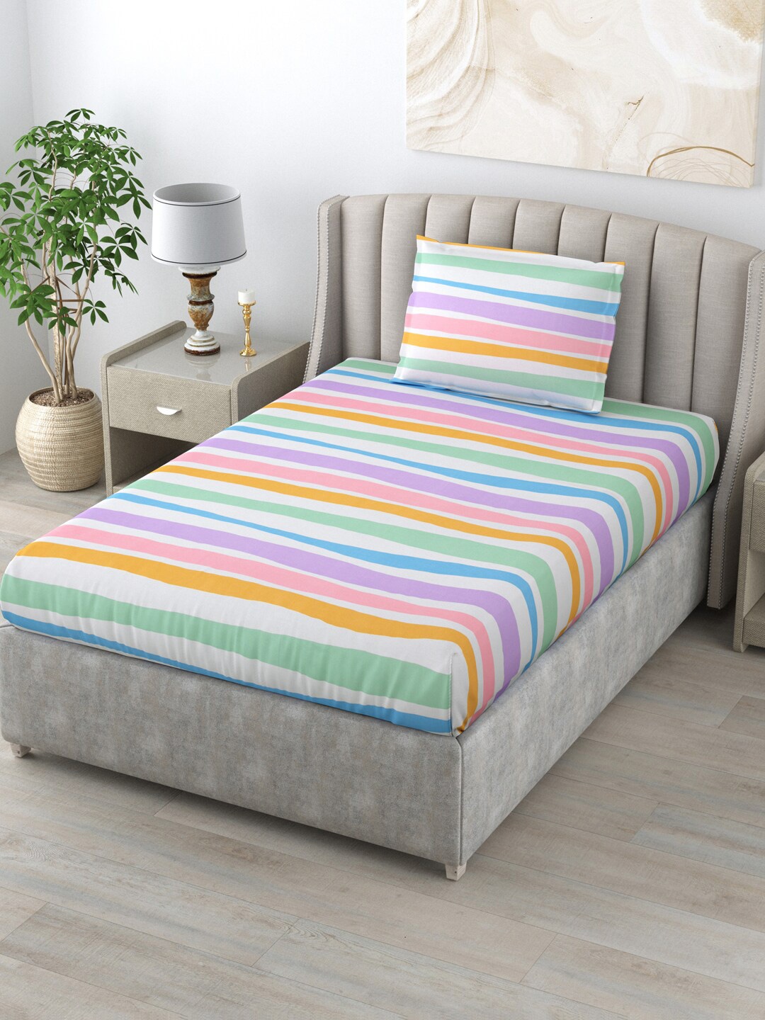 

Salona Bichona Green & Pink Striped 144 TC Single Bedsheet With 1 Pillow Cover