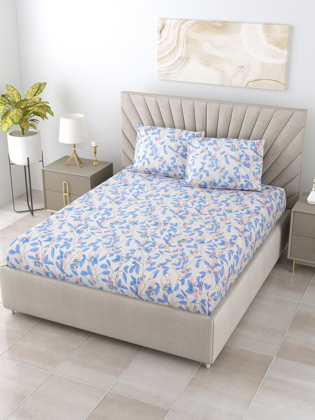 

Salona Bichona Blue & Pink Floral Printed 144 TC Queen Bedsheet & 2 Pillow Covers