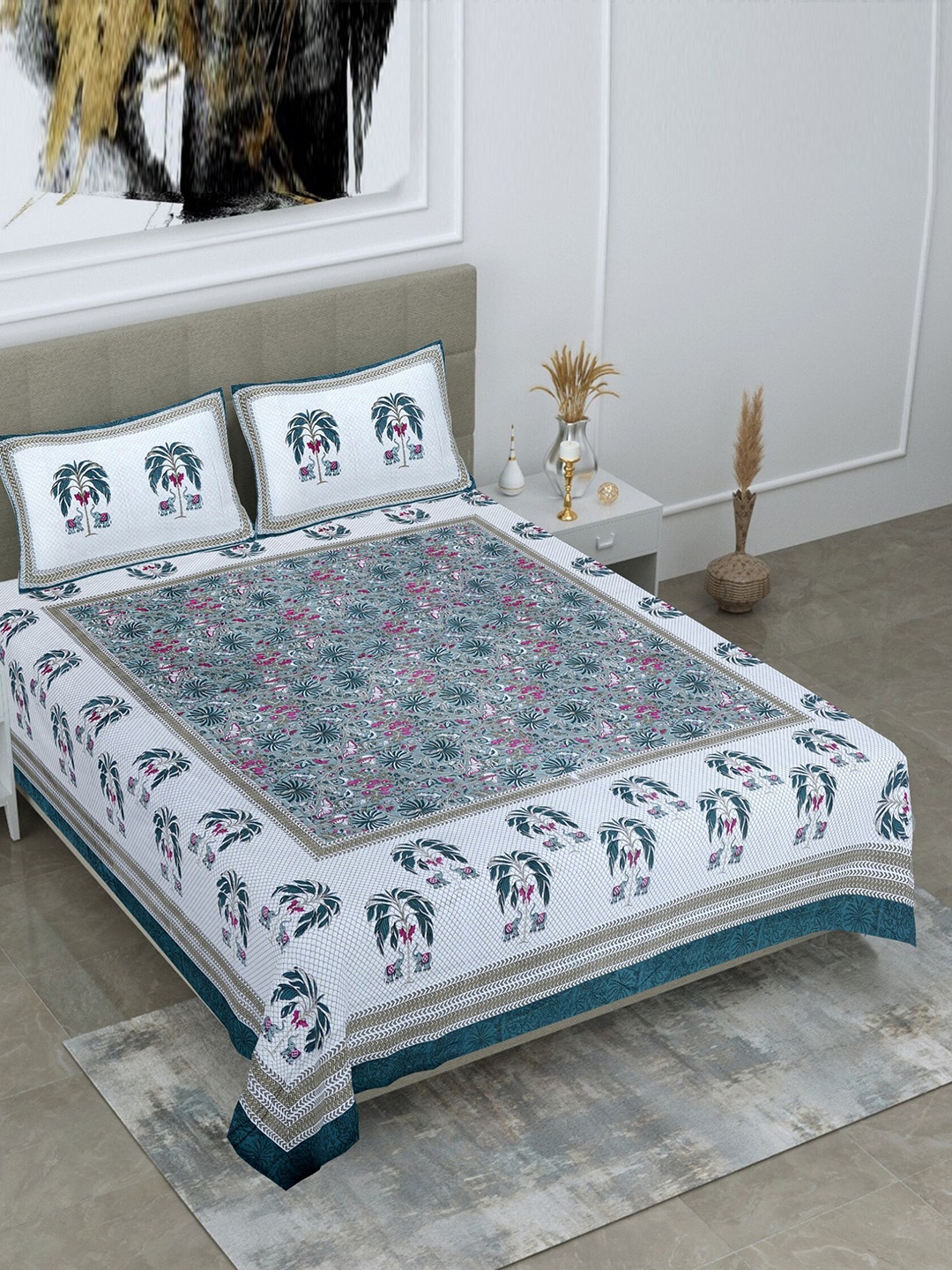 

Salona Bichona Teal & White Ethnic Motifs Cotton 120 TC King Bedsheet With 2 Pillow Covers