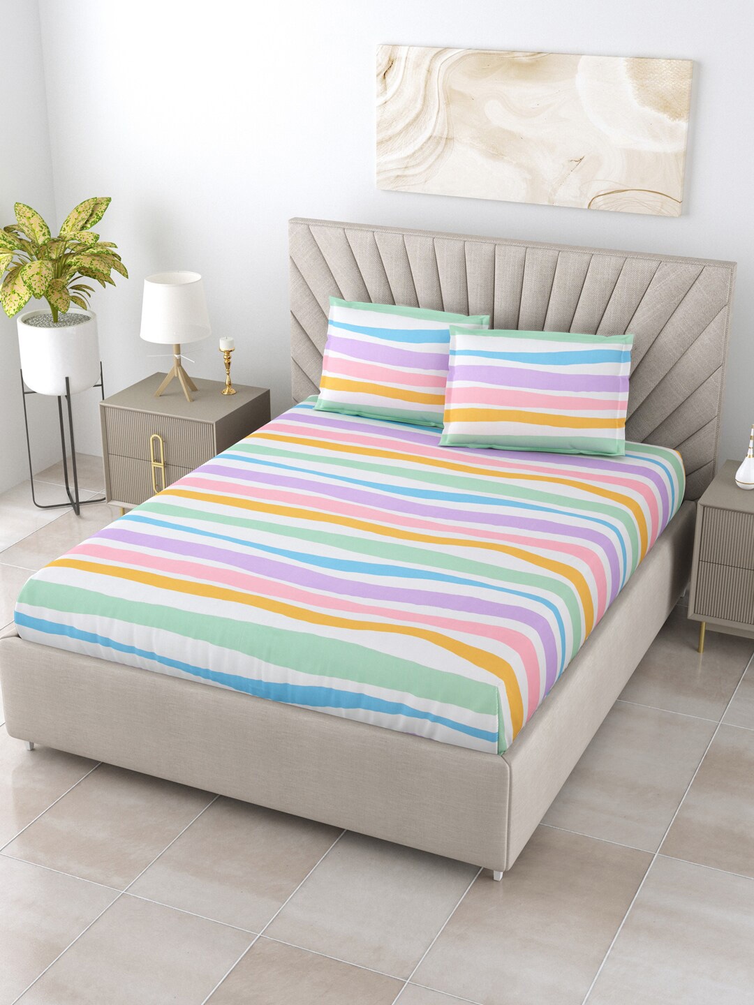 

Salona Bichona White & Turquoise Blue Striped 144 TC Queen Bedsheet With 2 Pillow Covers