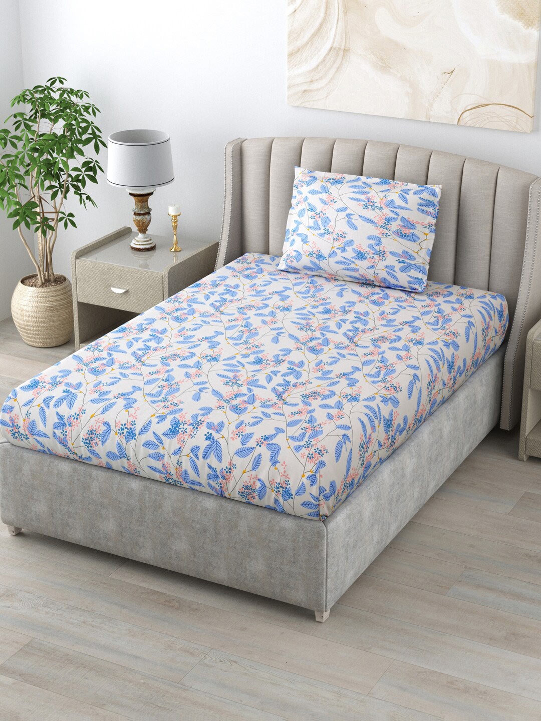 

Salona Bichona Blue & Off White Floral 144 TC Single Bedsheet With 1 Pillow Cover