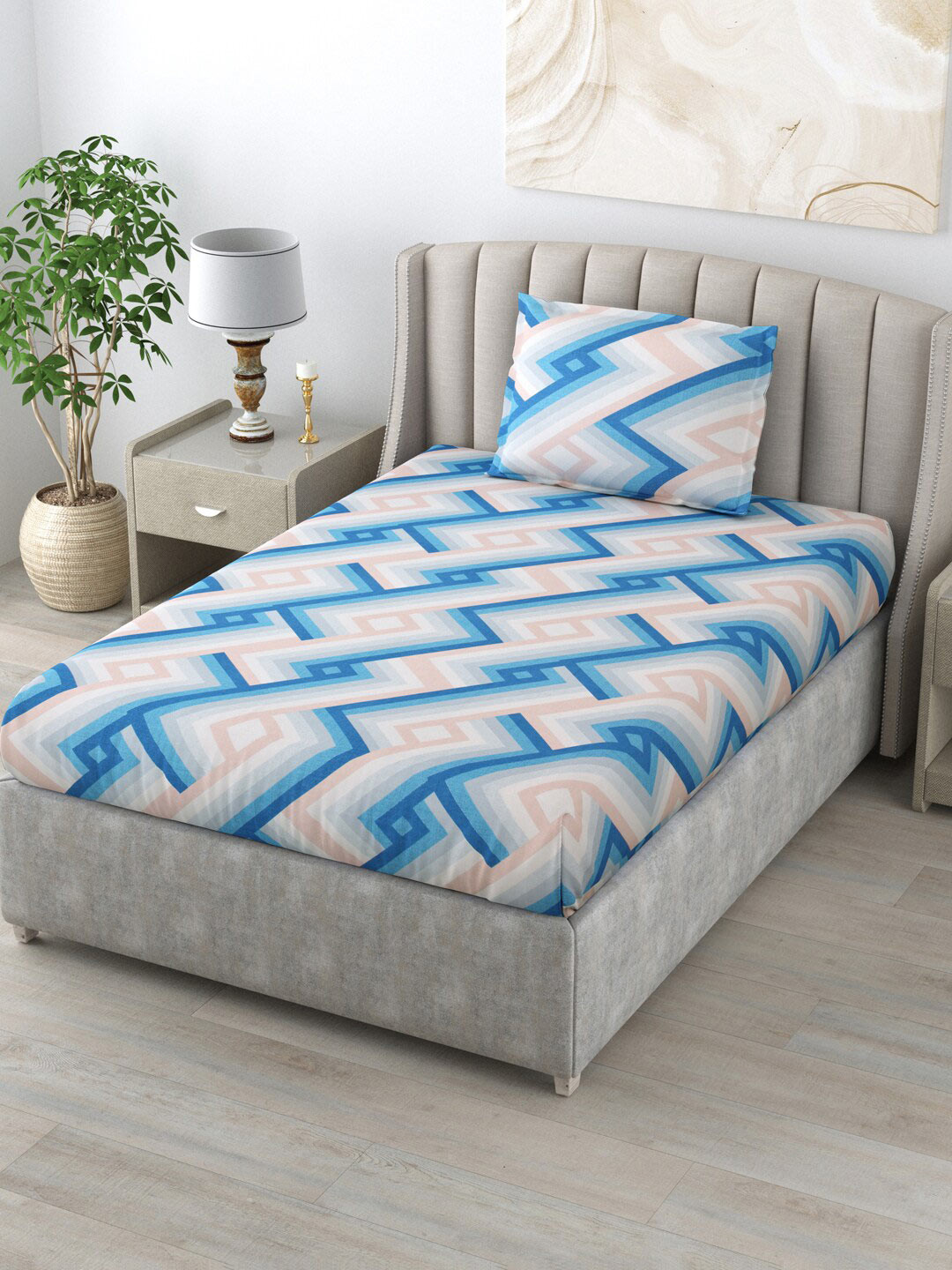 

Salona Bichona Blue & White Geometric 144 TC Single Bedsheet With 1 Pillow Cover