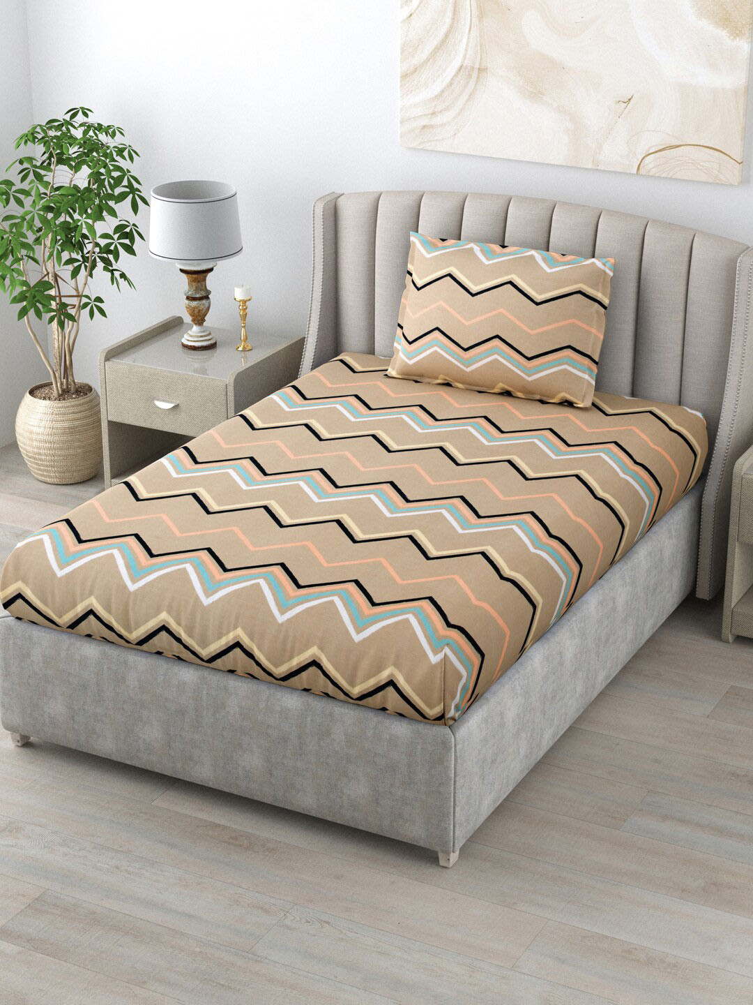 

Salona Bichona Beige & White Striped 144 TC Single Bedsheet & Pillow Cover