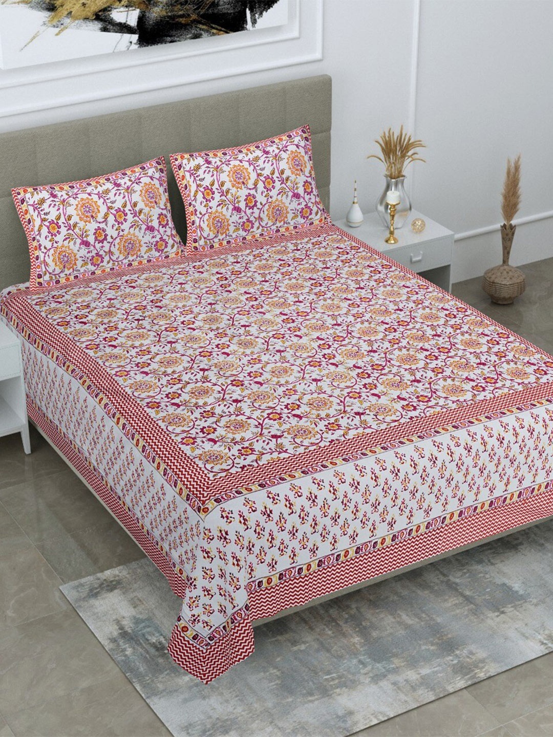 

Salona Bichona White & Pink Floral 120 TC Cotton King Bedsheet with 2 Pillow Covers