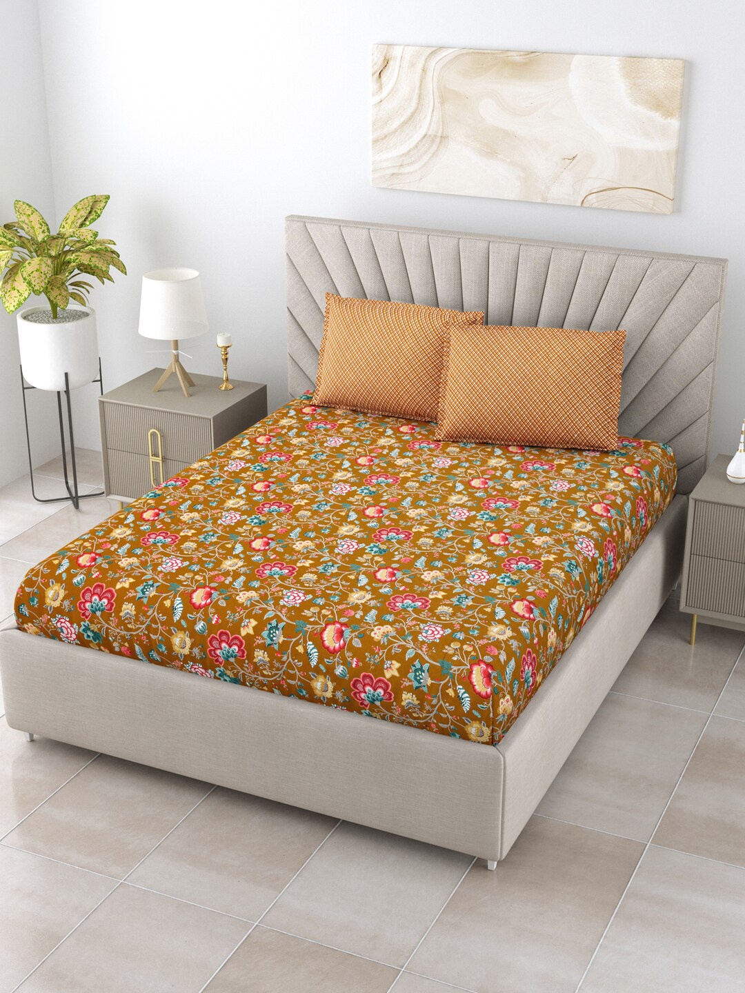 

Salona Bichona Beige & Blue Floral 120 TC Pure Cotton King Bedsheet & 2 Pillow Covers