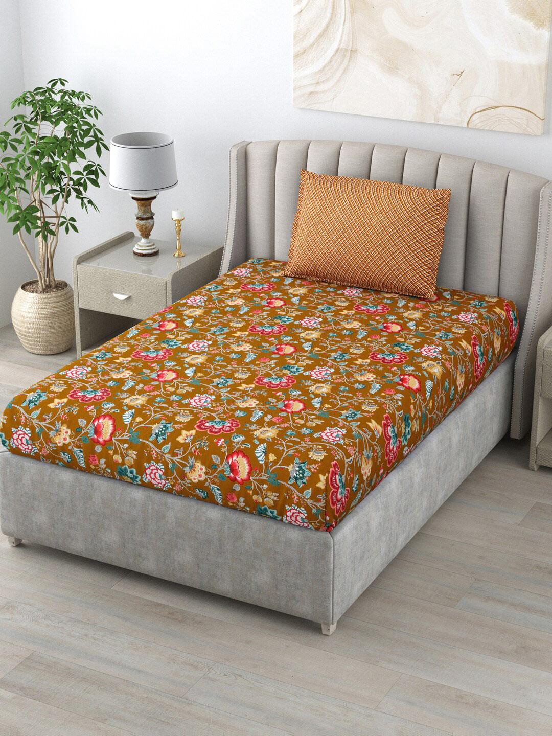 

Salona Bichona Brown & Beige Floral Pure Cotton 120 TC Single Bedsheet With 1 Pillow Cover