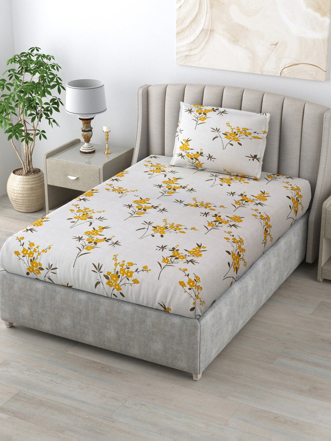 

Salona Bichona White & Yellow Floral 144 TC Single Bedsheet With 1 Pillow Cover