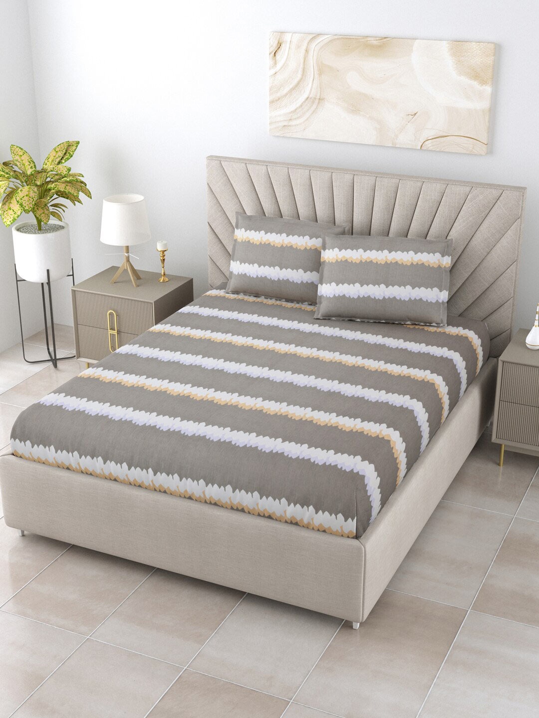 

Salona Bichona Grey & White Striped 144 TC Queen Bedsheet With 2 Pillow Covers