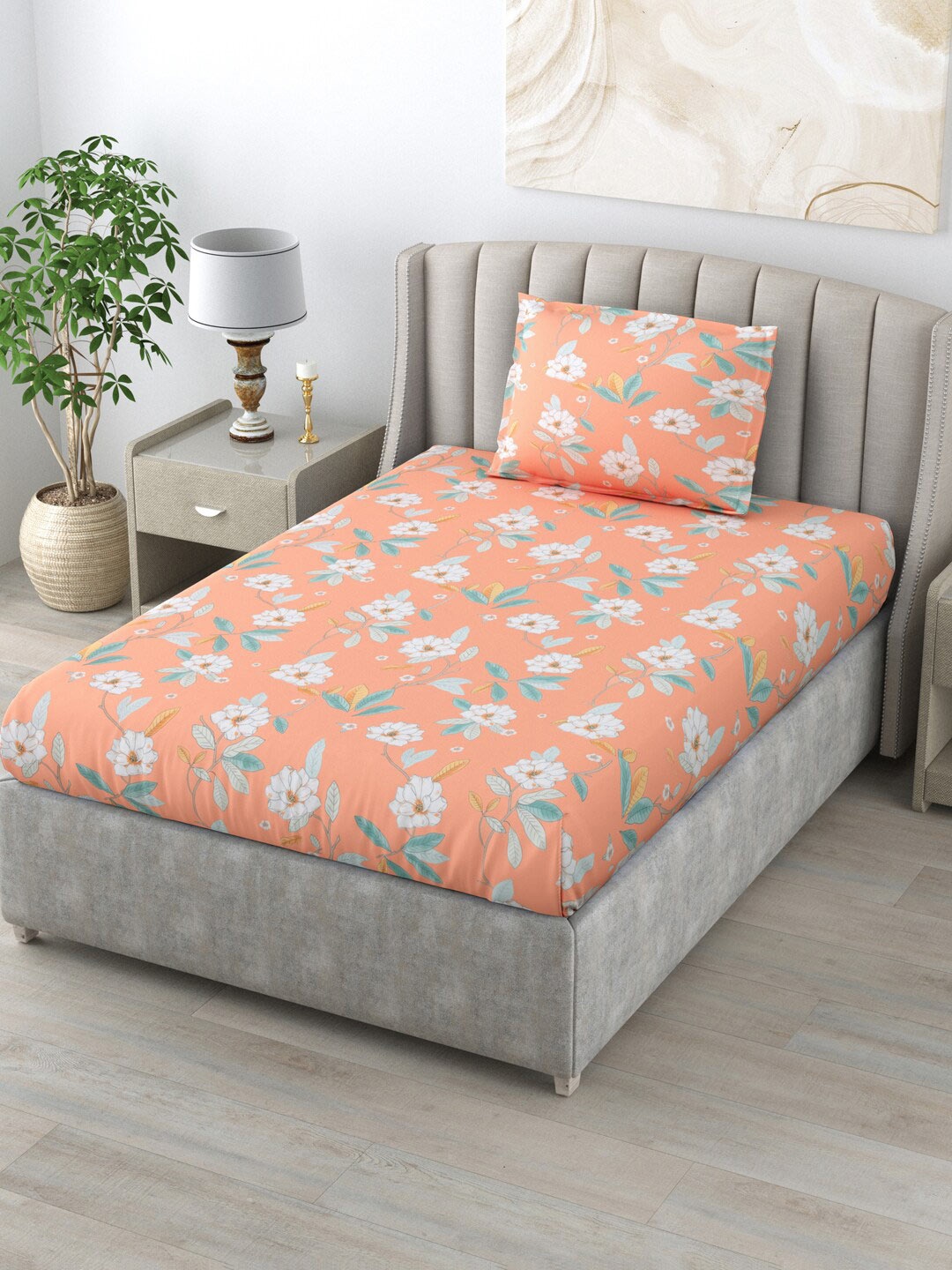 

Salona Bichona Peach-Coloured & White Floral 144 TC Single Bedsheet & Pillow Cover