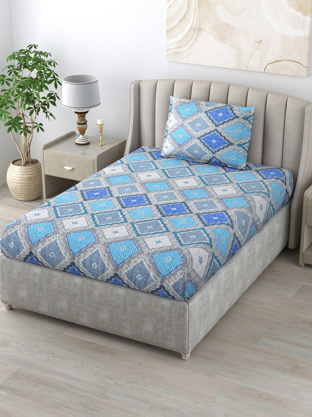 

Salona Bichona Turquoise Blue & Grey Geometric 144 TC Single Bedsheet With 1 Pillow Cover