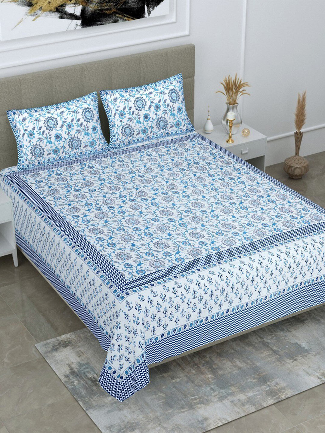 

Salona Bichona Turquoise Blue Printed Cotton 120 TC King Bedsheet With 2 Pillow Covers