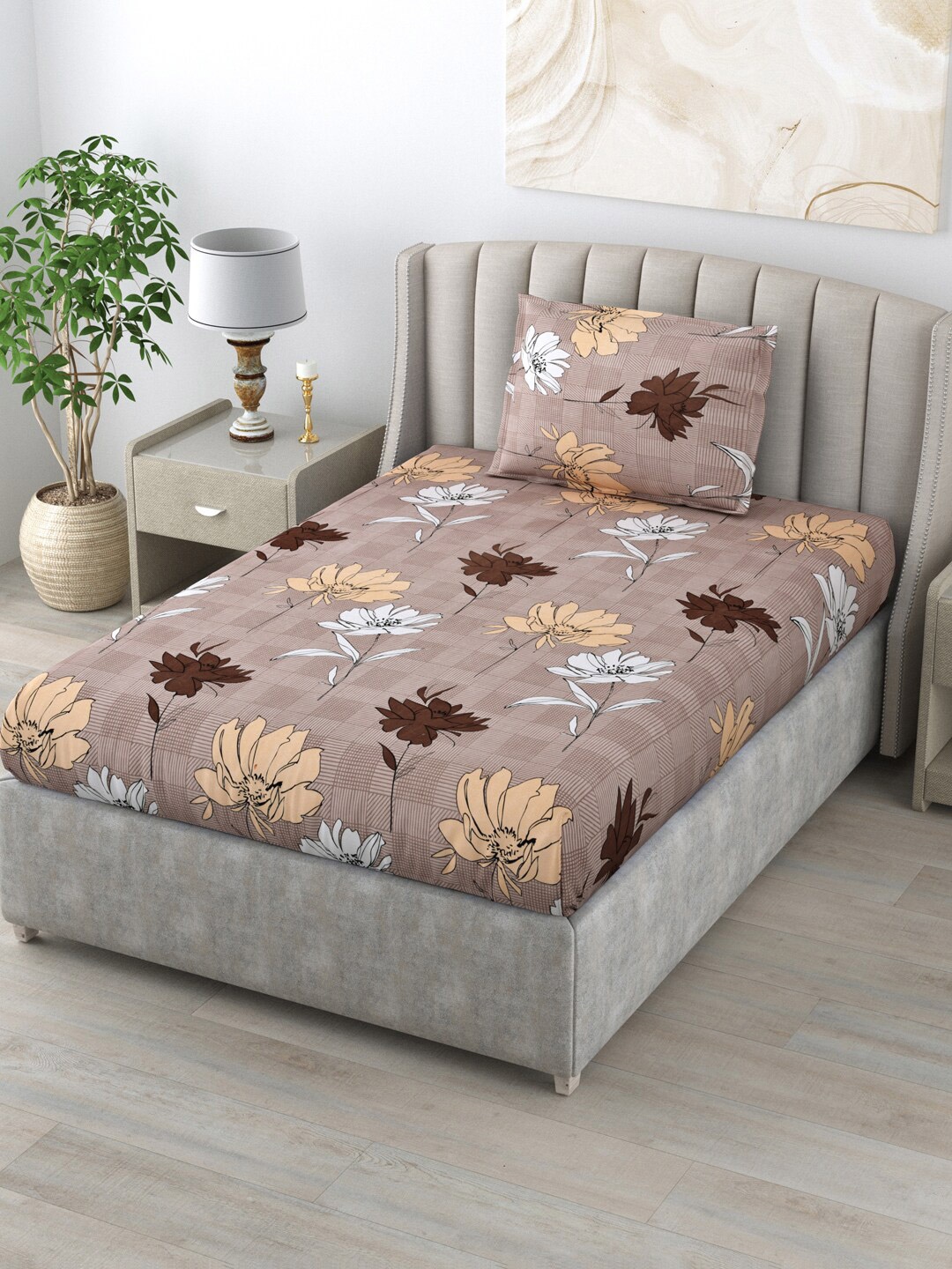 

Salona Bichona Brown & White Floral 144 TC Single Bedsheet With 1 Pillow Cover