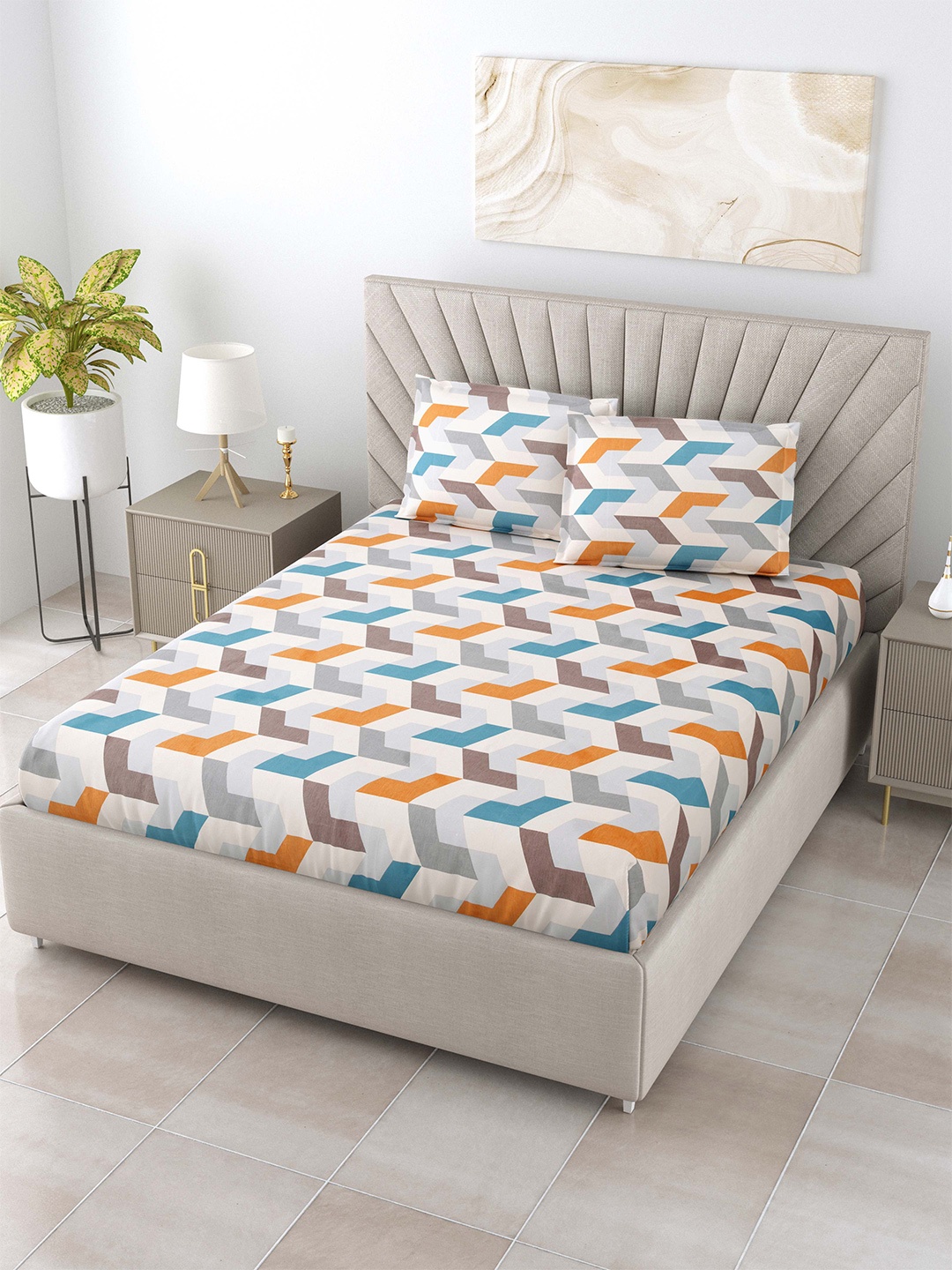 

Salona Bichona Turquoise Blue & White Geometric 144 TC King Bedsheet With 2 Pillow Covers
