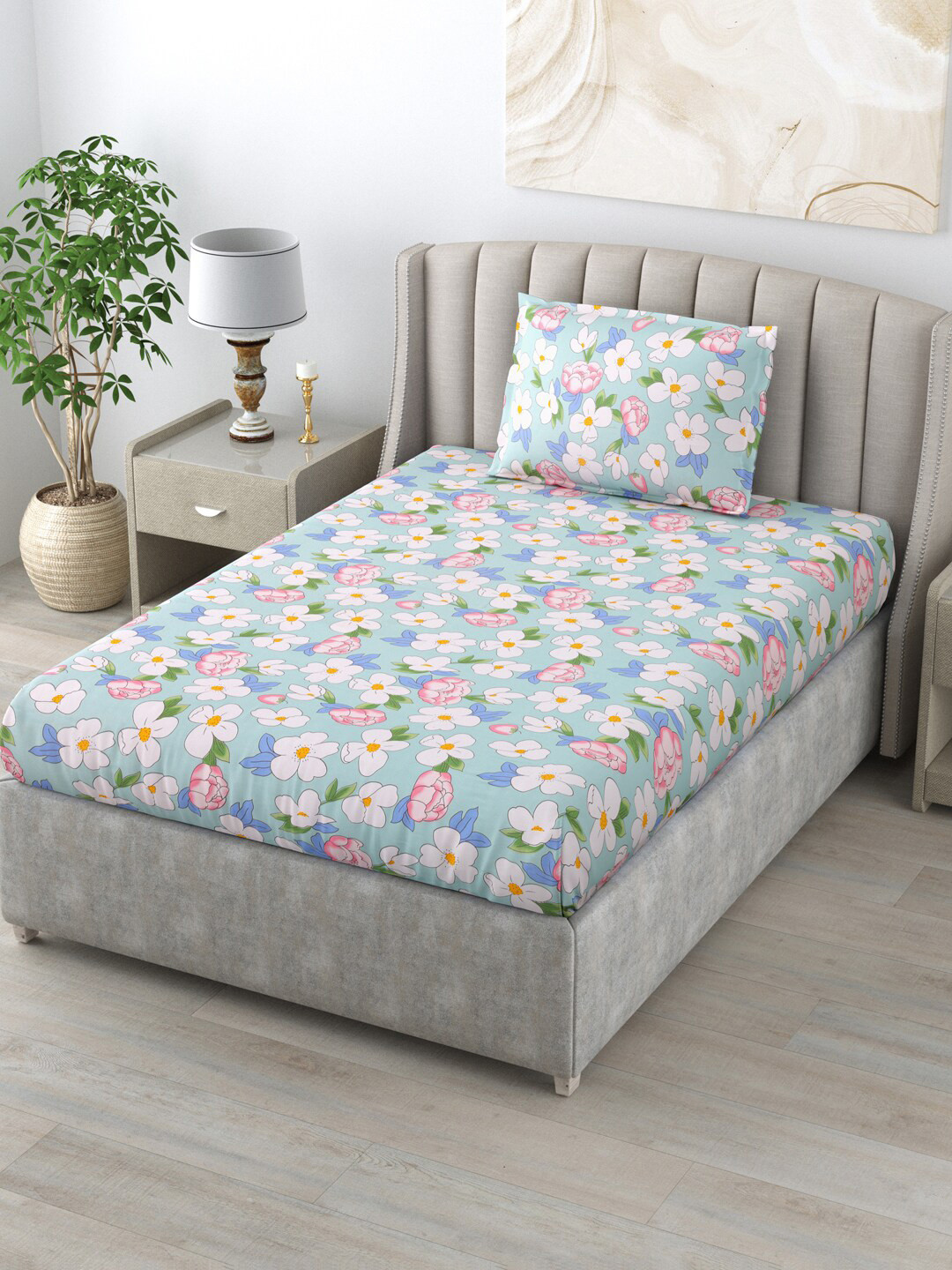 

Salona Bichona Turquoise Blue & White Floral 144 TC Single Bedsheet With 1 Pillow Cover