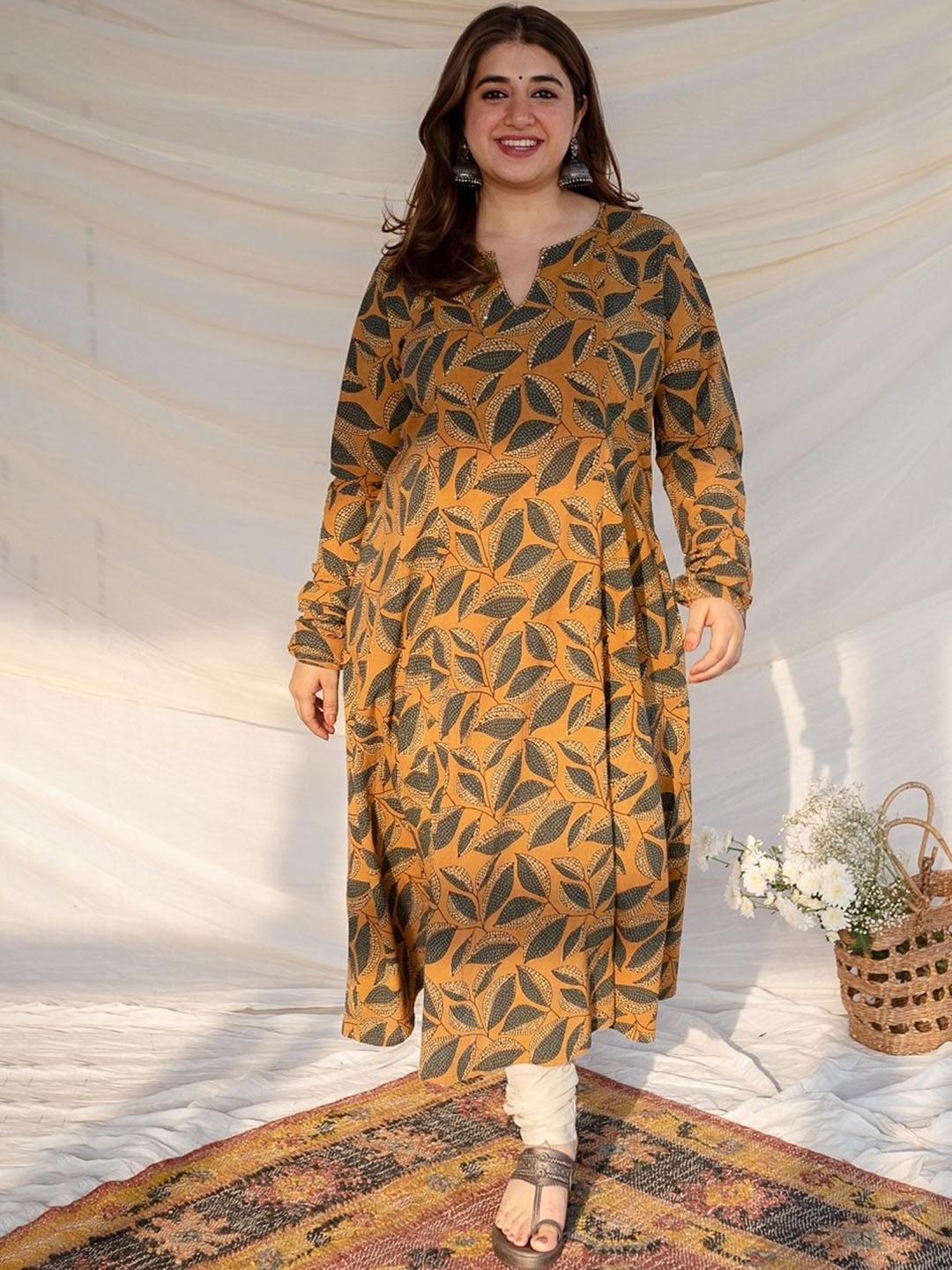 

THE INDIAN ETHNIC CO Block Printed Cotton A-Line Kurta, Mustard
